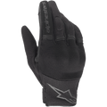 Luvas Alpinestars Stella Copper para mulher, luvas de motociclismo pretas, vista das costas da mão com construção em malha e têxtil, painéis de acordeão canelados nos dedos, logótipo Alpinestars no dedo indicador e logótipo de estrela no pulso, design urbano leve