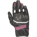 Alpinestars Women's SPX Air Carbon V2 Gloves, short-cuff motorcycle gloves in Black and Fuchsia, featuring a carbon fiber knuckle protector, perforated leather and mesh construction, white trim, and fuchsia branding on the wrist