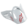 Viseira para capacete Alpinestars Supertech M10 Dyno, branco brilhante e vermelho, com logótipos de estrela vermelha e design aerodinâmico com recortes, pala de substituição para capacetes de motocross e todo-o-terreno