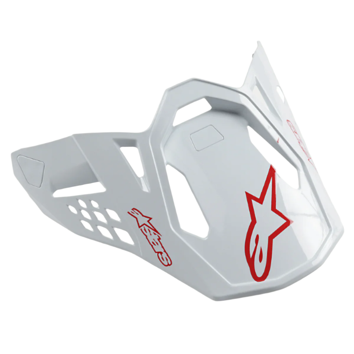 Viseira para capacete Alpinestars Supertech M10 Dyno, branco brilhante e vermelho, com logótipos de estrela vermelha e design aerodinâmico com recortes, pala de substituição para capacetes de motocross e todo-o-terreno