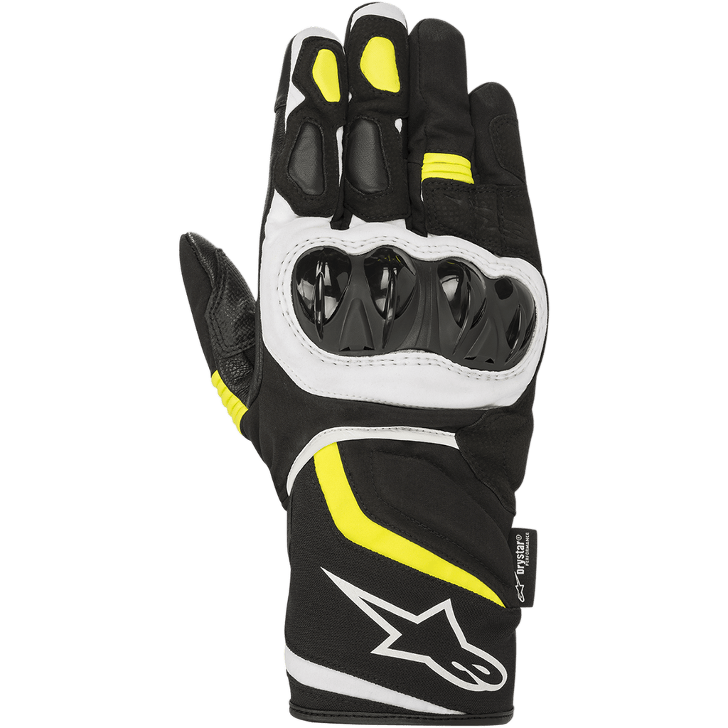Luvas Alpinestars T-SP W Drystar®, luvas de motociclismo desportivas, pretas com detalhes em amarelo fluo e branco, proteção rígida nas articulações, punho de comprimento médio com logótipo branco, construção em tecido impermeável e softshell