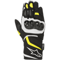 Luvas Alpinestars T-SP W Drystar®, luvas de motociclismo desportivas, pretas com detalhes em amarelo fluo e branco, proteção rígida nas articulações, punho de comprimento médio com logótipo branco, construção em tecido impermeável e softshell