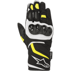 Luvas Alpinestars T-SP W Drystar®, luvas de motociclismo desportivas, pretas com detalhes em amarelo fluo e branco, proteção rígida nas articulações, punho de comprimento médio com logótipo branco, construção em tecido impermeável e softshell