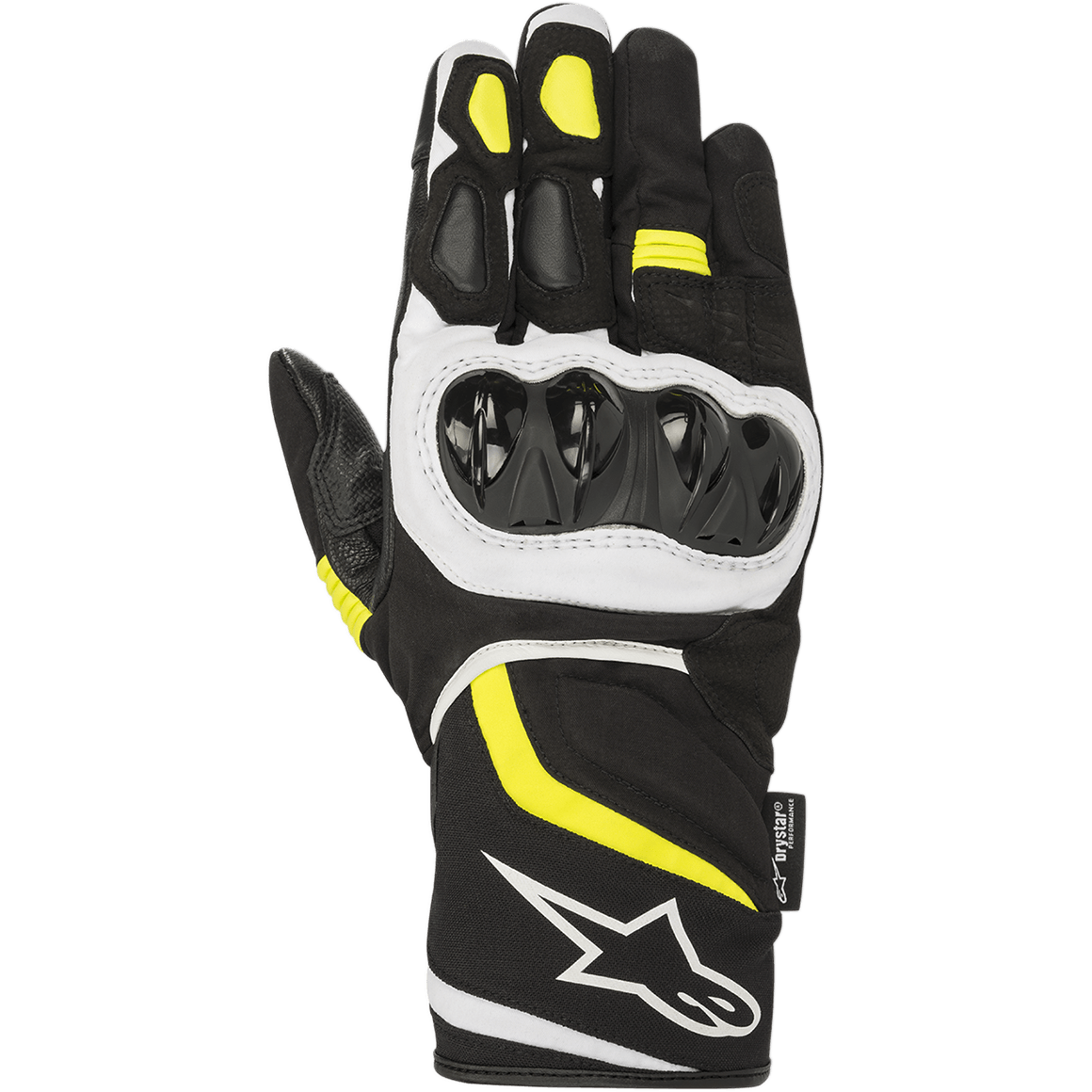 Luvas Alpinestars T-SP W Drystar®, luvas de motociclismo desportivas, pretas com detalhes em amarelo fluo e branco, proteção rígida nas articulações, punho de comprimento médio com logótipo branco, construção em tecido impermeável e softshell