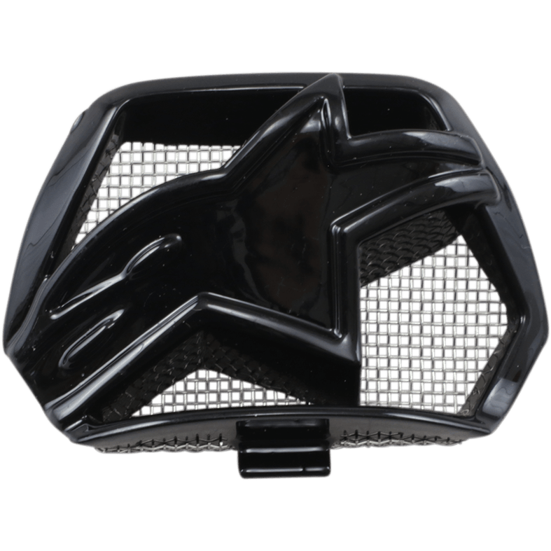 Alpinestars Supertech M10/M8 Helmet Chin Vent, peça de substituição em plástico preto brilhante, com logótipo central em forma de estrela e grelha interna, acessório de ventilação para capacete de motocross