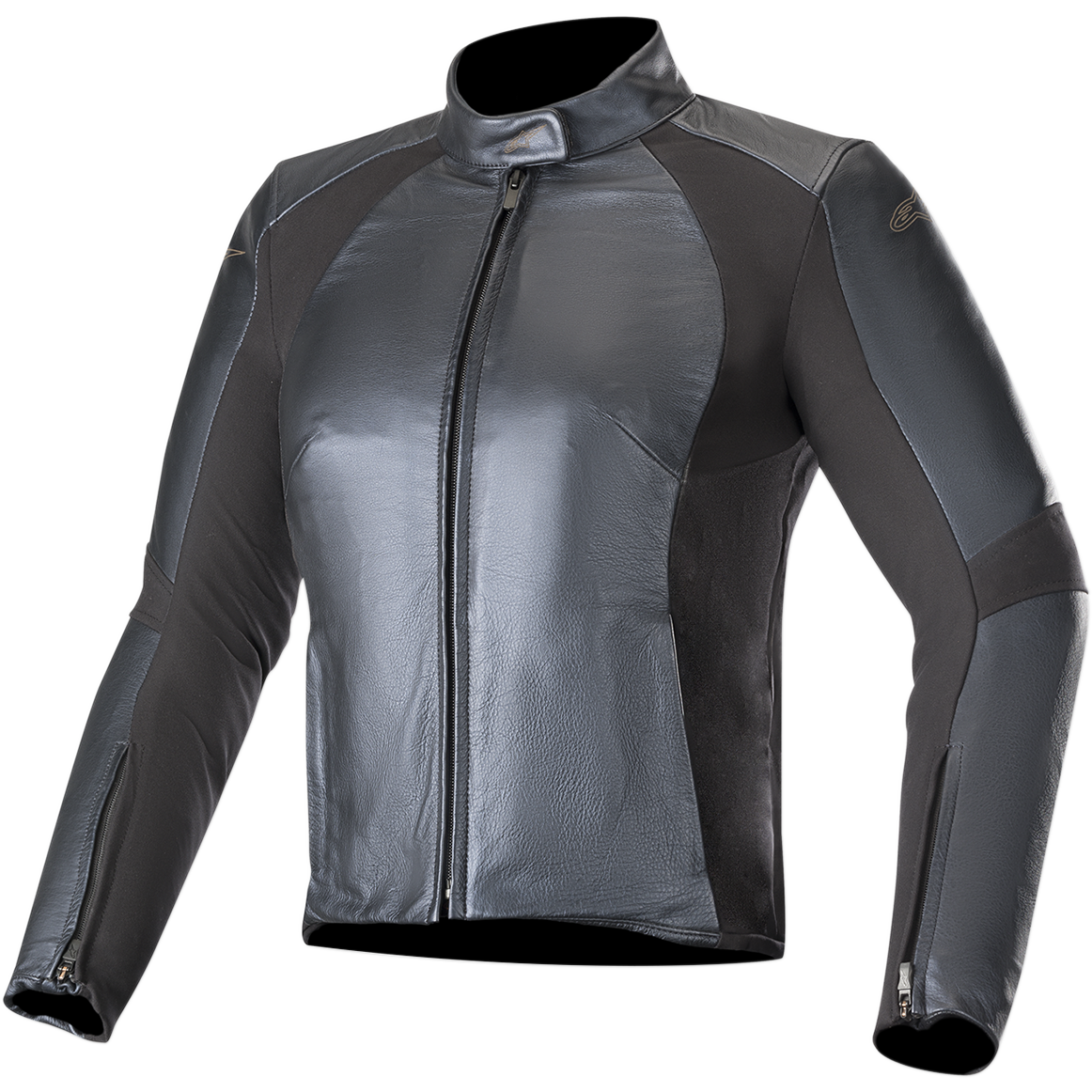 Alpinestars Stella Vika V2 Leather Jacket, Women's Motorcycle Jacket, Metallic Blue, sleek leather construction with matte aramid stretch panels, high collar, front zipper, tailored figure-hugging design