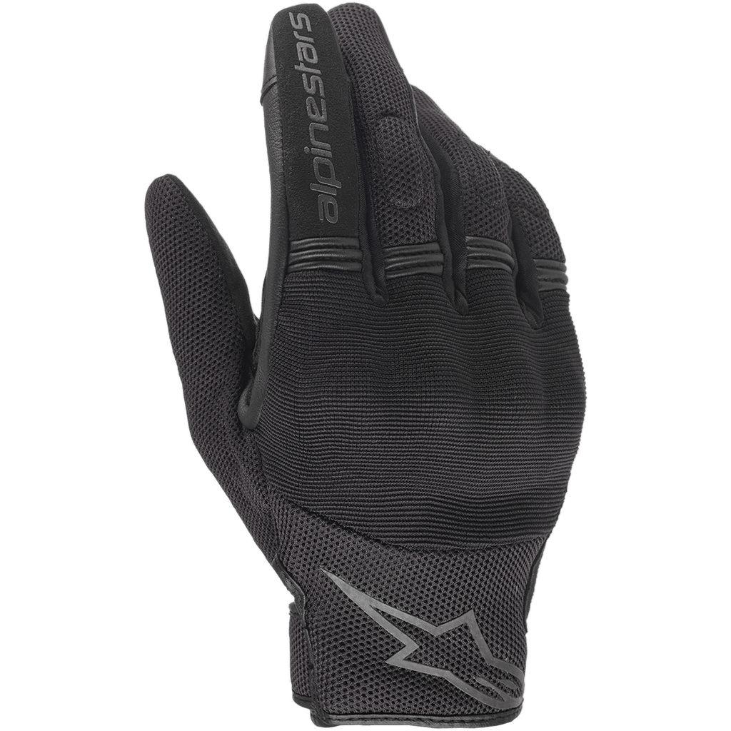 Luvas Alpinestars Copper, pretas, luvas de motociclismo urbanas, com construção em malha respirável e spandex, logótipo Alpinestars no dedo indicador, logótipo da estrela no pulso e painéis de acordeão flexíveis nos dedos