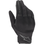 Luvas Alpinestars Copper, pretas, luvas de motociclismo urbanas, com construção em malha respirável e spandex, logótipo Alpinestars no dedo indicador, logótipo da estrela no pulso e painéis de acordeão flexíveis nos dedos