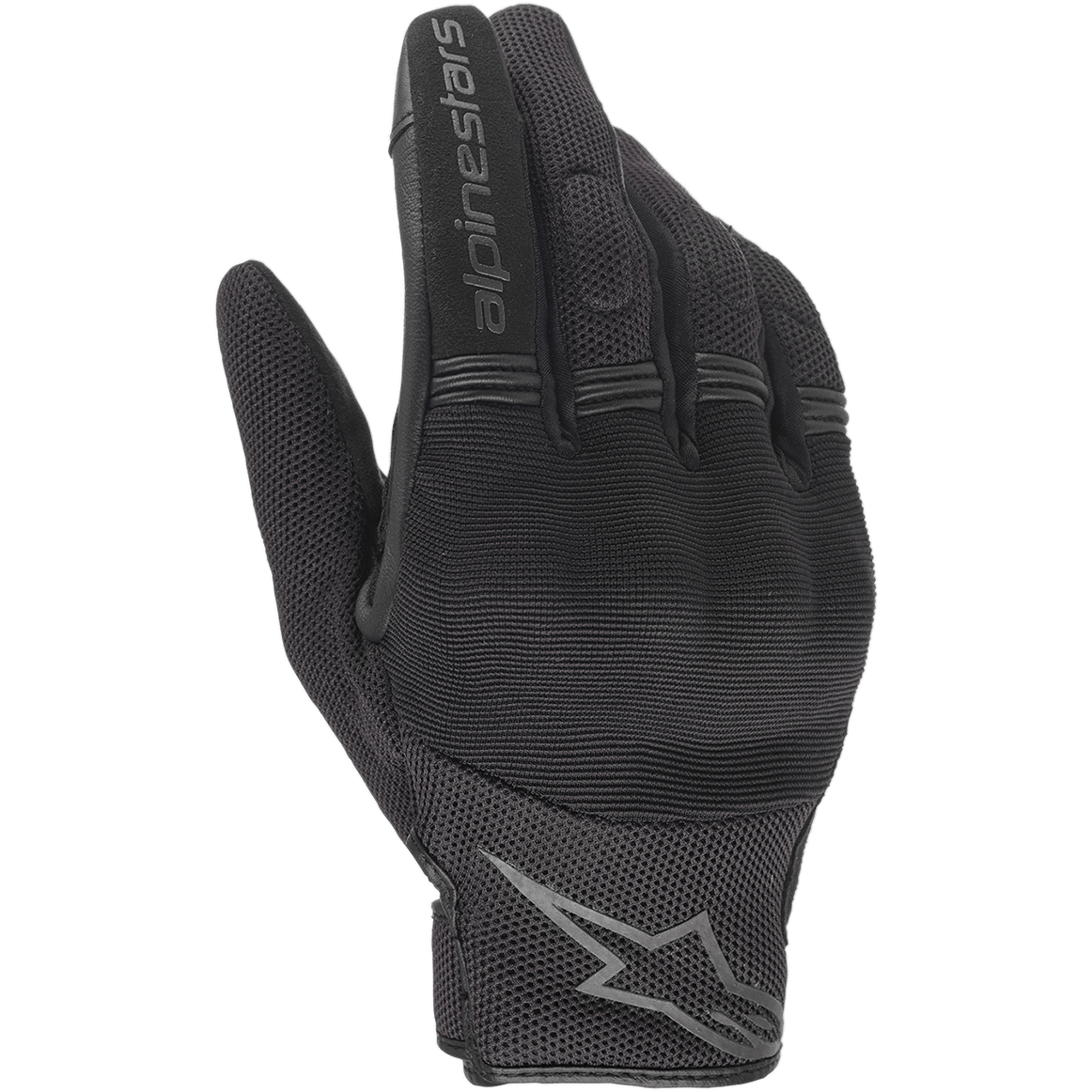 Luvas Alpinestars Copper, pretas, luvas de motociclismo urbanas, com construção em malha respirável e spandex, logótipo Alpinestars no dedo indicador, logótipo da estrela no pulso e painéis de acordeão flexíveis nos dedos