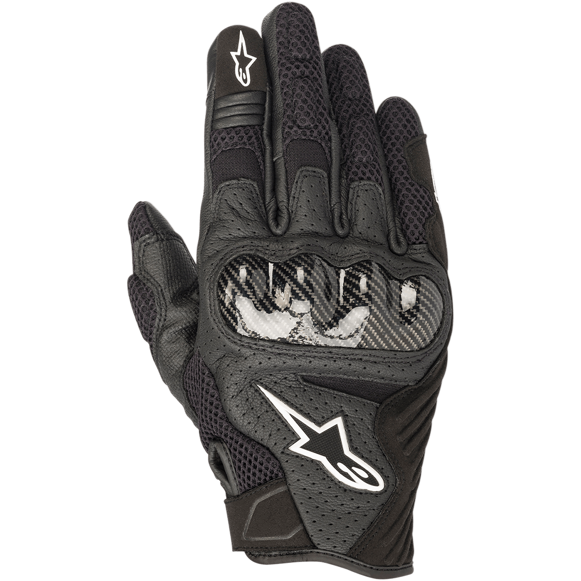 Alpinestars SMX-1 Air V2 Gloves, Black Motorcycle Gloves, featuring carbon fiber-style knuckle protection, white star logo, mesh panels and perforated leather for airflow, short cuff design for street and urban use.