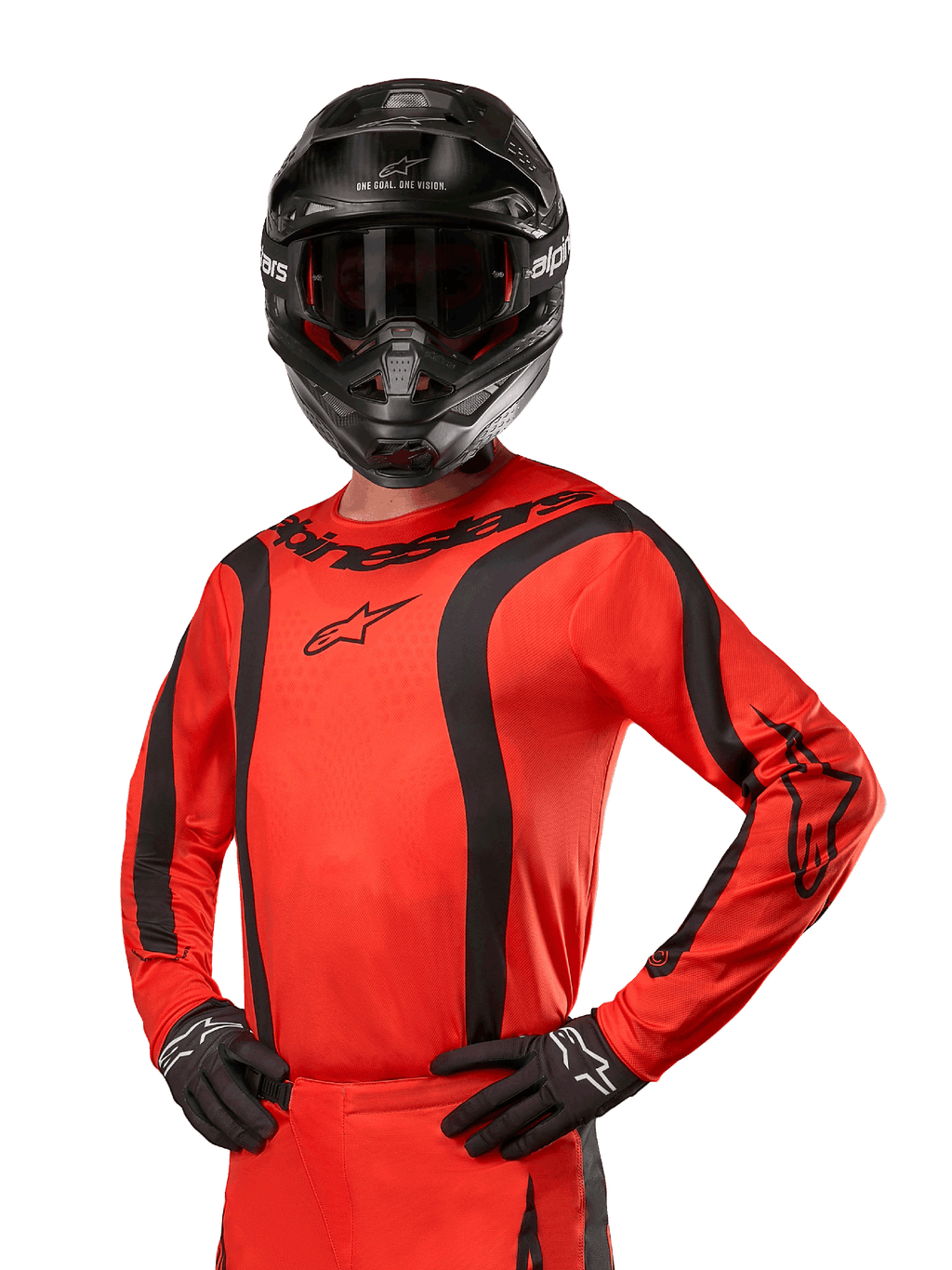 Alpinestars 2024 Fluid Lurv Jersey, camisola de motocross, laranja vibrante e preto, de manga comprida com riscas pretas curvas, logótipos Alpinestars no peito e ombros, usada com capacete e luvas pretas, equipamento atlético de todo-o-terreno