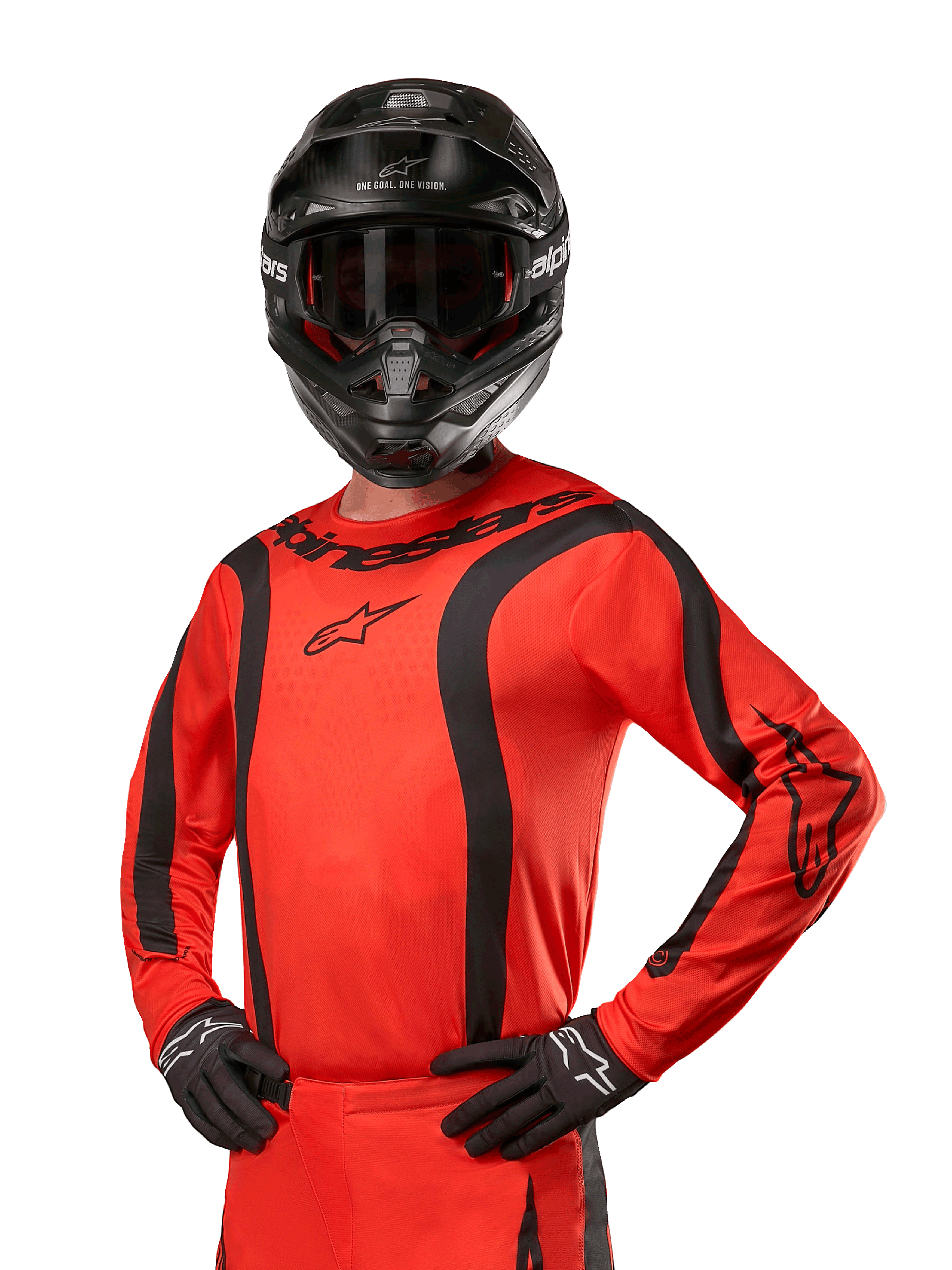 Alpinestars 2024 Fluid Lurv Jersey, camisola de motocross, laranja vibrante e preto, de manga comprida com riscas pretas curvas, logótipos Alpinestars no peito e ombros, usada com capacete e luvas pretas, equipamento atlético de todo-o-terreno