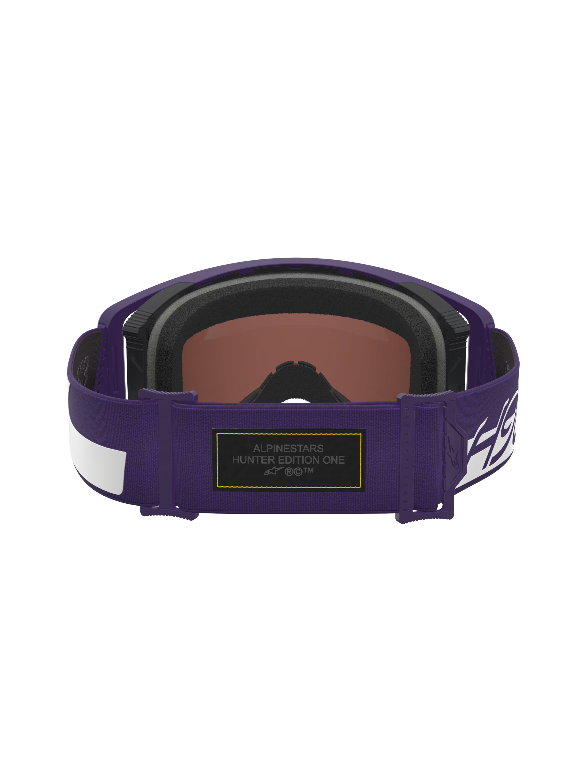 Alpinestars Limited Edition HUNTA96 XXV Supertech Vision Goggles, Purple and White, back view of adjustable strap featuring black Alcantara patch with yellow contrast stitching and Hunter Edition One branding, premium motocross eyewear inspired by Porsche GT3RS