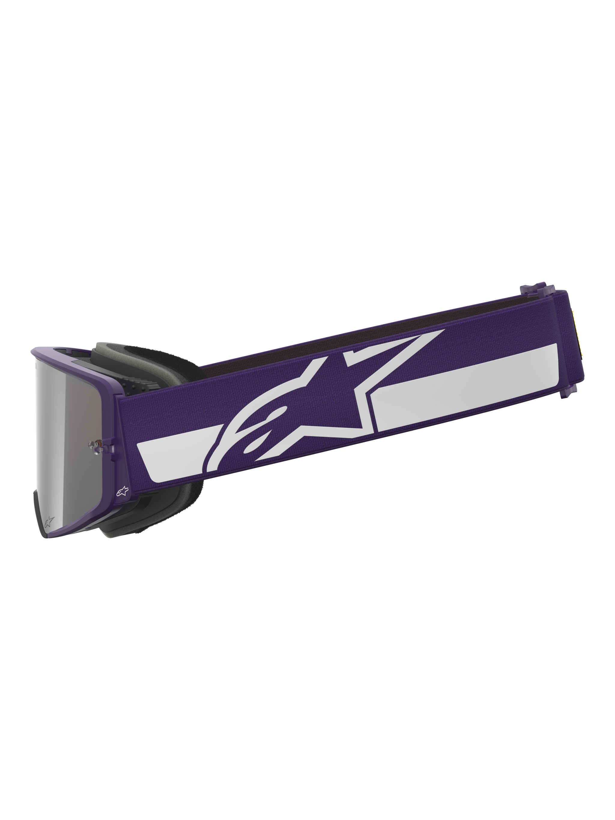 Alpinestars Limited Edition HUNTA96 XXV Supertech Vision Goggles, Motocross Goggles, Purple and White, side profile showing wide purple strap with white Alpinestars star logo and stripe, silver mirror lens, high-performance off-road eyewear