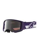 Alpinestars Limited Edition HUNTA96 XXV Supertech Vision Goggles, Motocross Goggles, Purple and White with Silver Mirror Lens, featuring "ONE GOAL. ONE VISION." text on the lens, wide adjustable strap with prominent Alpinestars logo, high-performance protective eyewear for off-road racing