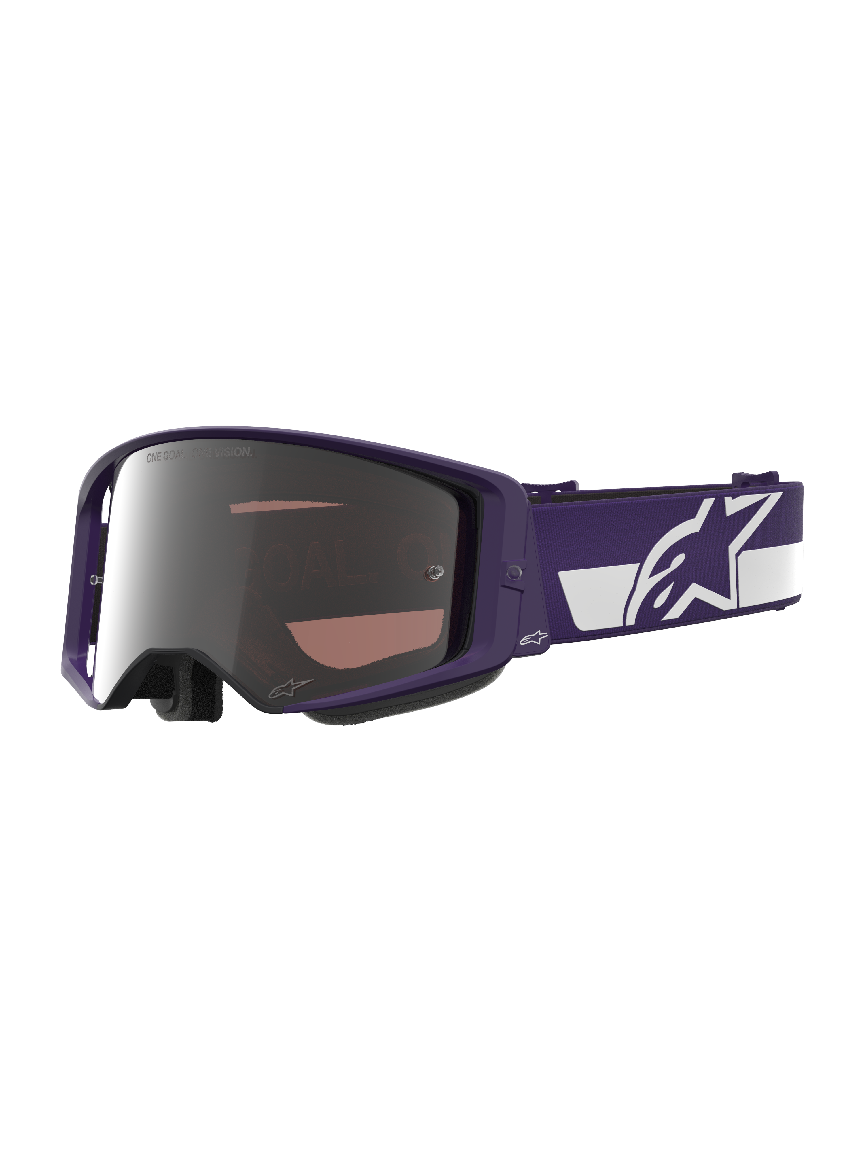 Alpinestars Limited Edition HUNTA96 XXV Supertech Vision Goggles, Motocross Goggles, Purple and White with Silver Mirror Lens, featuring "ONE GOAL. ONE VISION." text on the lens, wide adjustable strap with prominent Alpinestars logo, high-performance protective eyewear for off-road racing