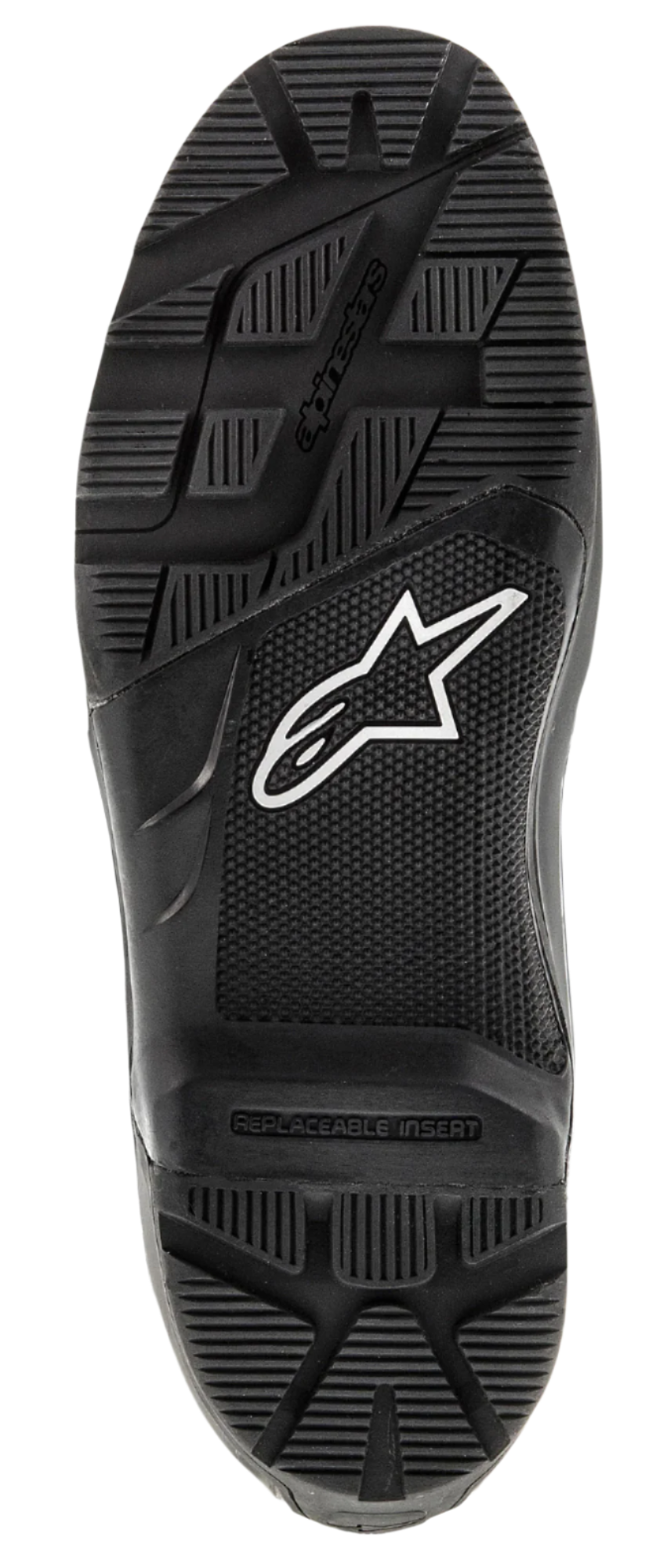 Alpinestars Sola Tech 7 Enduro, sola de substituição em borracha, preta, com logótipo de estrela branco e padrão de rasto robusto para tração em todo-o-terreno, peça de substituição durável para botas de motocross e enduro