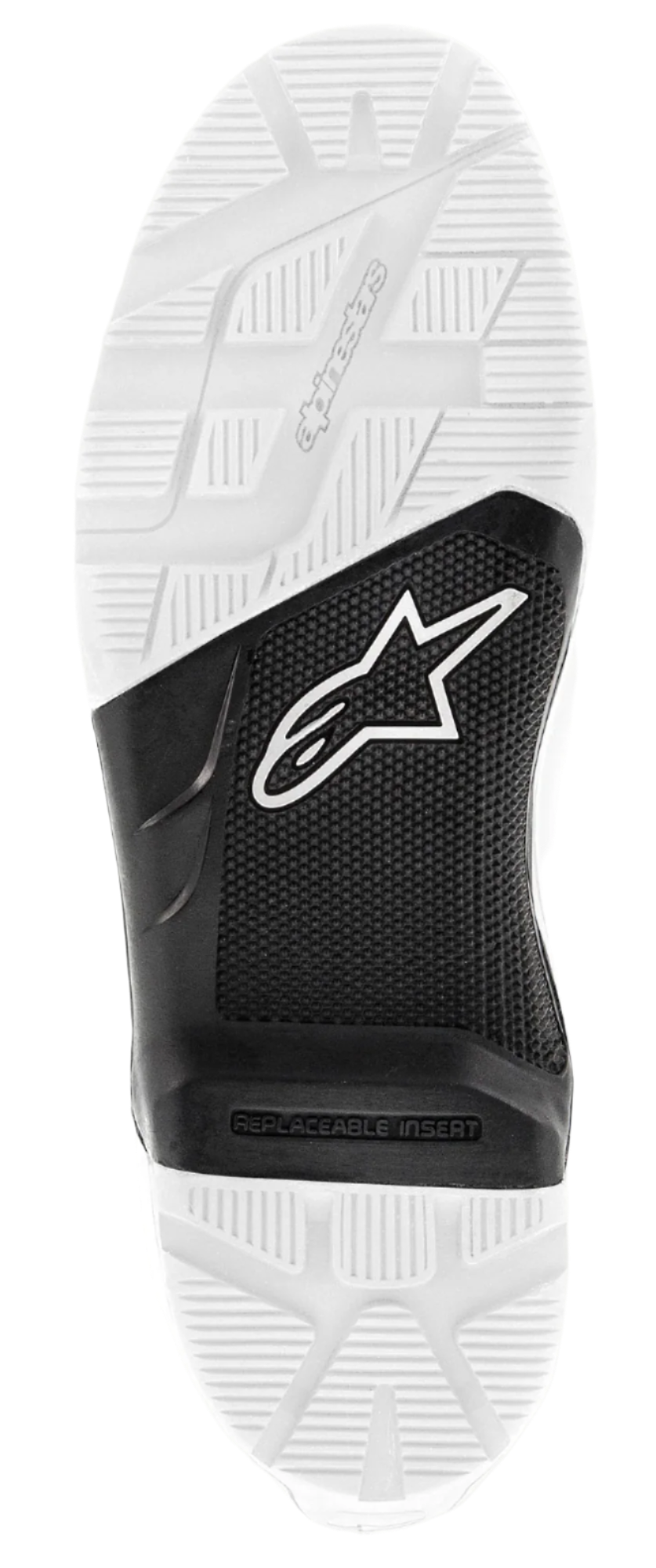 Alpinestars Tech 7 Enduro Sole, sola exterior de substituição em borracha, preta e branca, vista inferior com rasto texturado e padrão de relevos, apresentando o logótipo Astars branco na secção central preta e marca Alpinestars em relevo, peça de substituição para botas de motociclismo todo-o-terreno