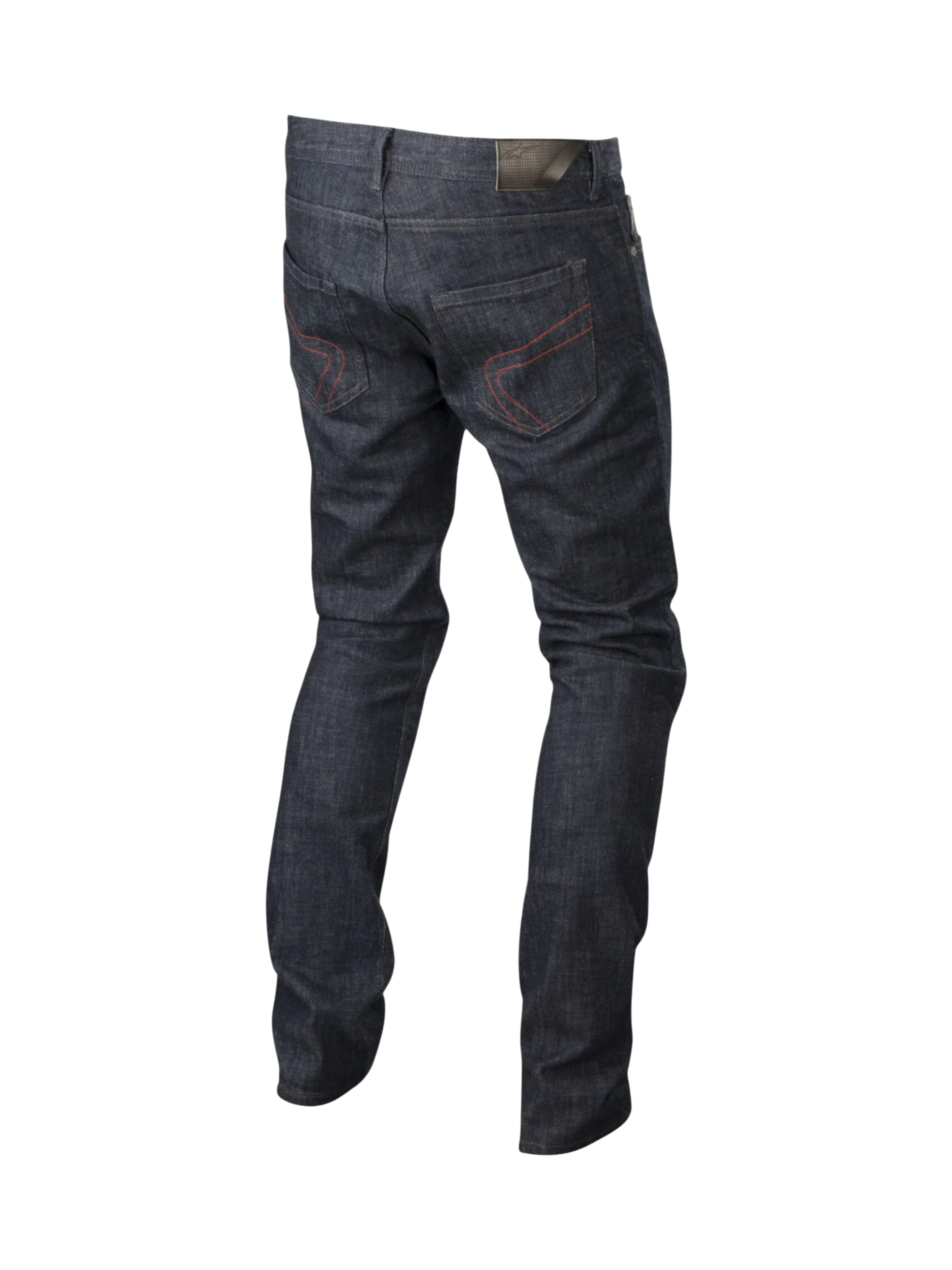 Alpinestars calças de ganga Copper, calças de moto para homem em azul escuro, costuras vermelhas e reforço de aramida.