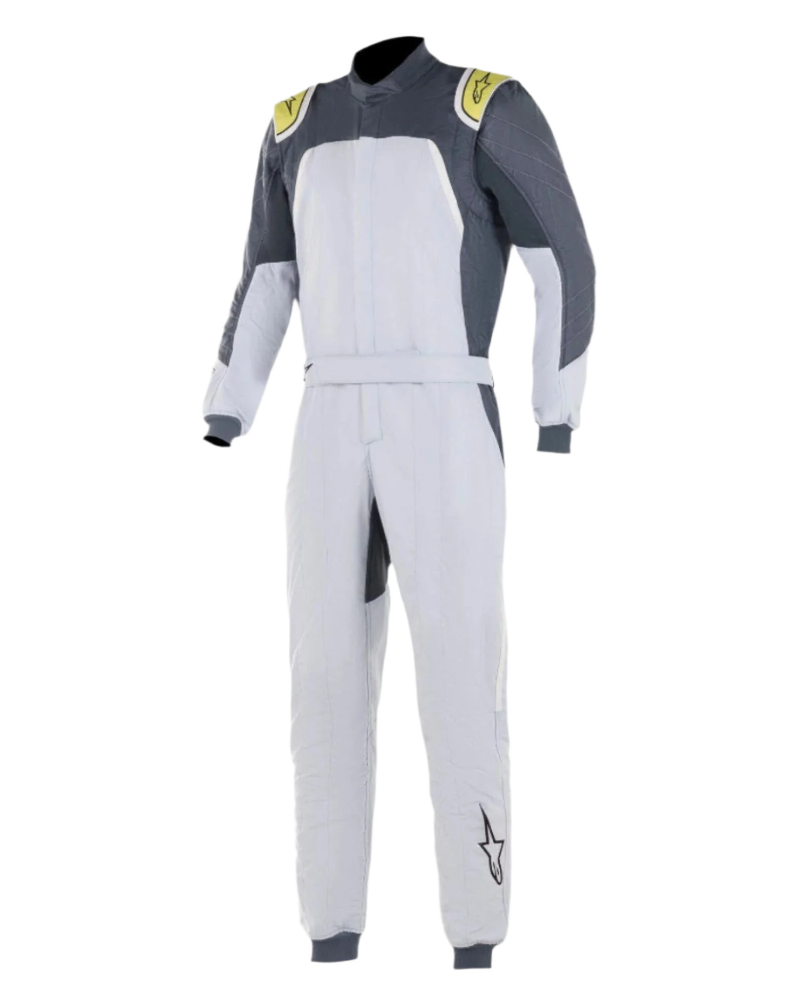 Fato Alpinestars GP Pro Comp, fato de automobilismo profissional, Prata, Azul, Asfalto e Lima, corpo em prateado claro com painéis cinzento escuro nos ombros e pormenores em verde lima, cintura com cinto e punhos canelados, construção de três camadas certificada pela FIA para performance em pista
