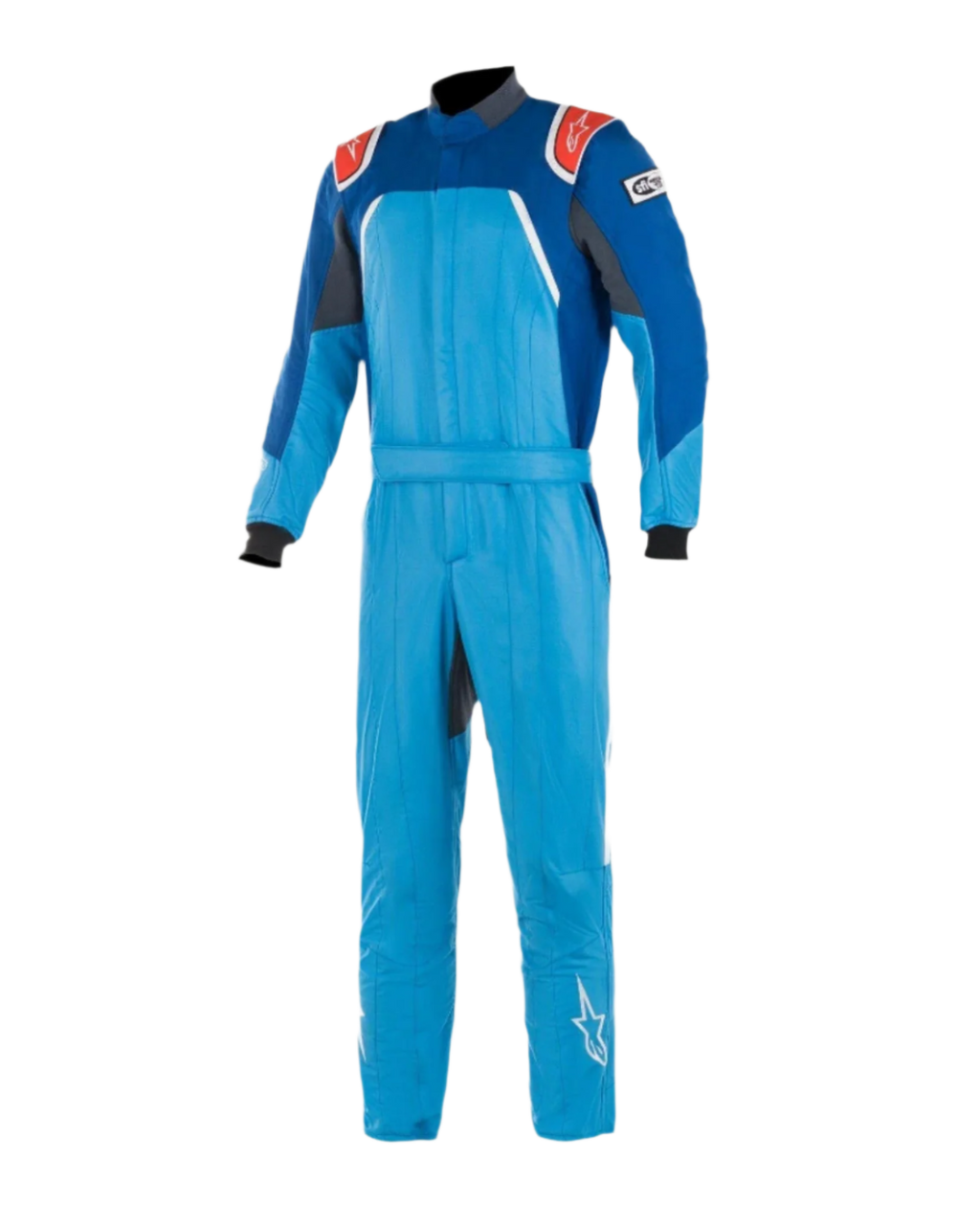 Alpinestars GP Pro Comp Bootcut Suit FIA, fato de automobilismo, azul cobalto e azul royal com detalhes em vermelho, inclui dragonas vermelhas nos ombros com logótipos brancos, punhos pretos e pernas bootcut, construção multicamada em fibra aramídica para corridas em circuito
