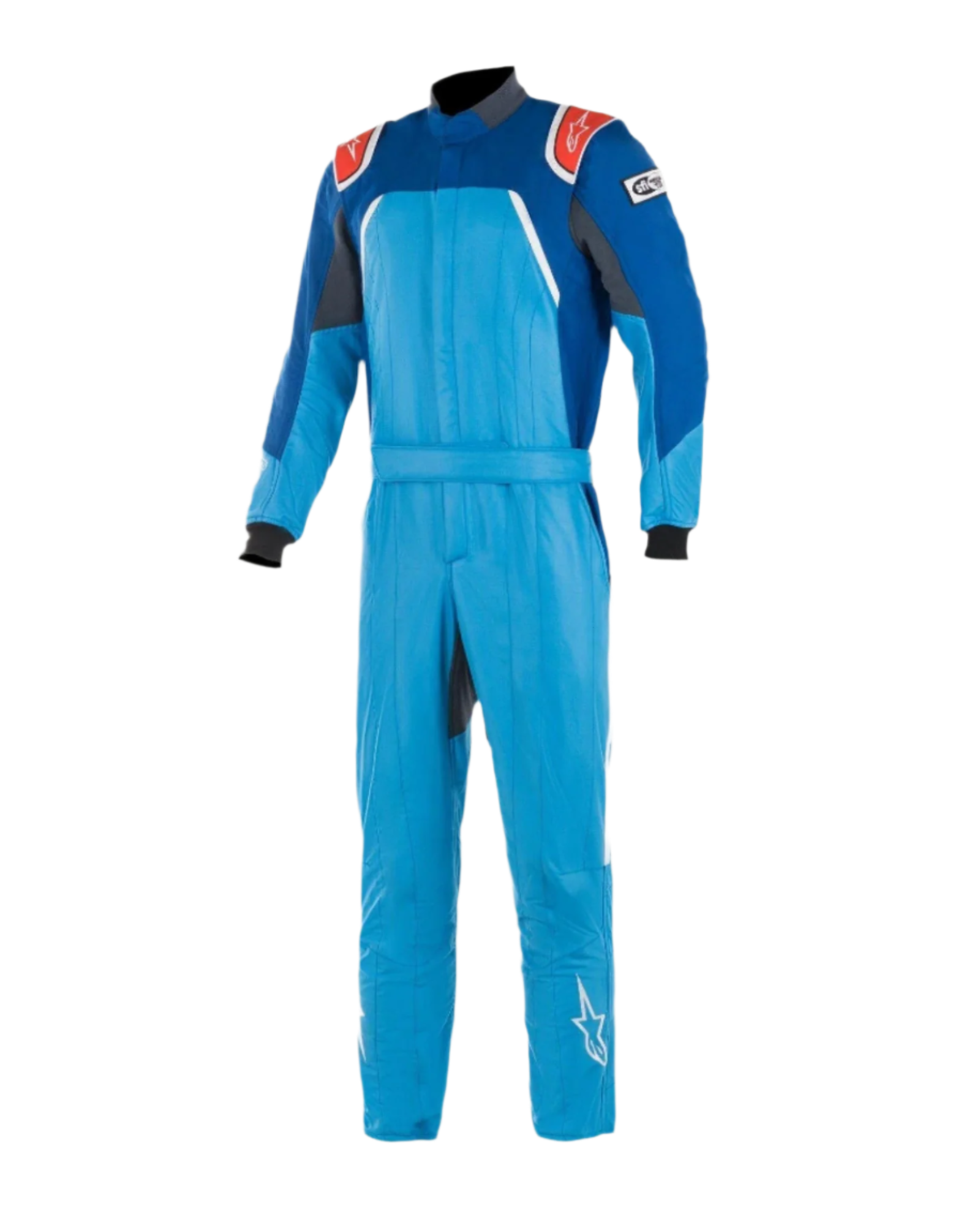 Alpinestars GP Pro Comp Bootcut Suit FIA, fato de automobilismo, azul cobalto e azul royal com detalhes em vermelho, inclui dragonas vermelhas nos ombros com logótipos brancos, punhos pretos e pernas bootcut, construção multicamada em fibra aramídica para corridas em circuito