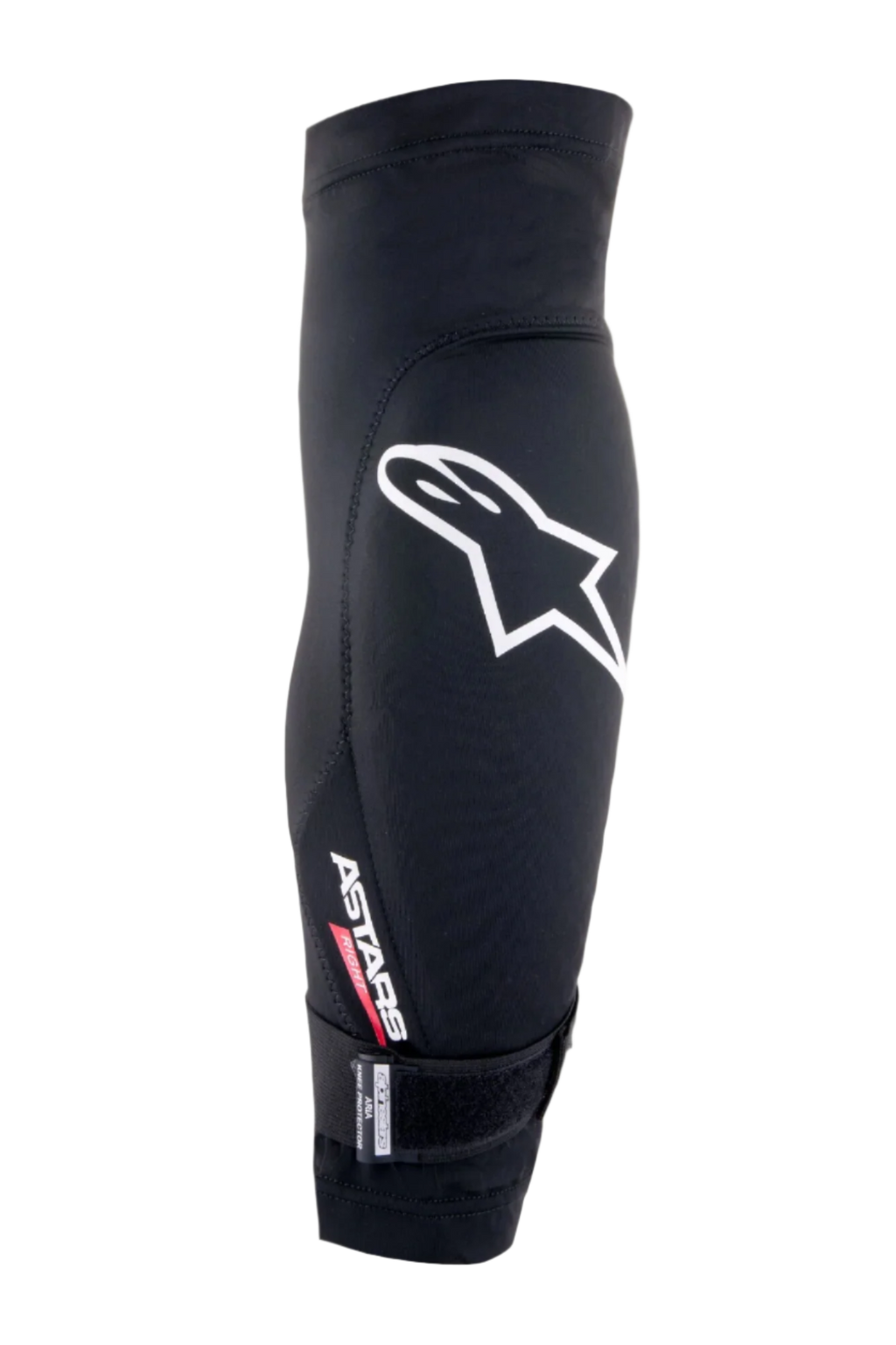 Protetor de Joelho Alpinestars Aria, preto e branco, manga em malha respirável com um grande logótipo Astars branco, texto 'ASTARS RIGHT' e uma correia inferior ajustável, proteção leve para BTT e ciclismo