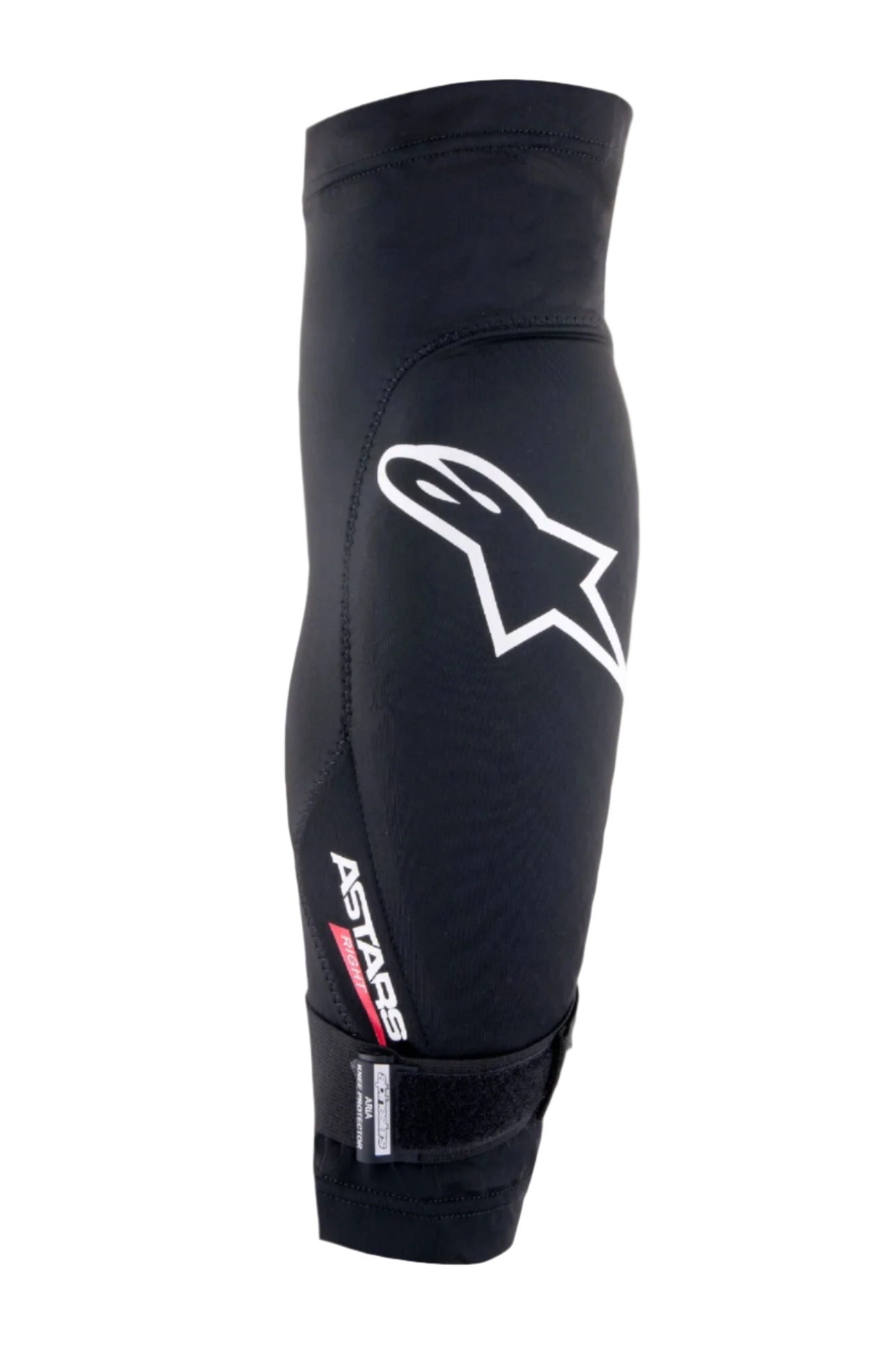 Protetor de Joelho Alpinestars Aria, preto e branco, manga em malha respirável com um grande logótipo Astars branco, texto 'ASTARS RIGHT' e uma correia inferior ajustável, proteção leve para BTT e ciclismo