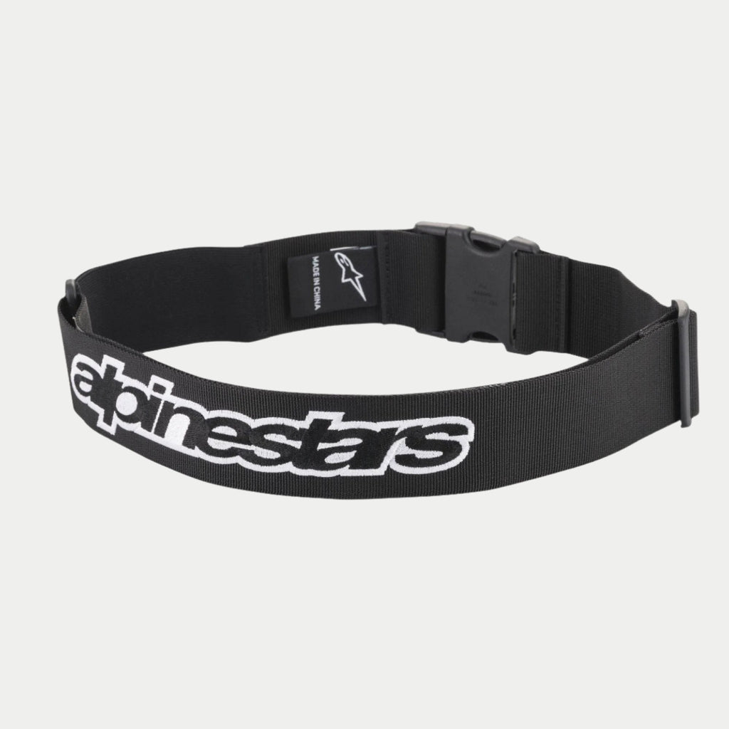 Alpinestars Pit Radio Belt, cinto utilitário técnico preto, com logótipo Alpinestars bordado a branco, fecho de fivela com clipe de plástico e material elástico em poli-tecido para uso de equipas de pit stop