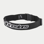 Alpinestars Pit Radio Belt, cinto utilitário técnico preto, com logótipo Alpinestars bordado a branco, fecho de fivela com clipe de plástico e material elástico em poli-tecido para uso de equipas de pit stop