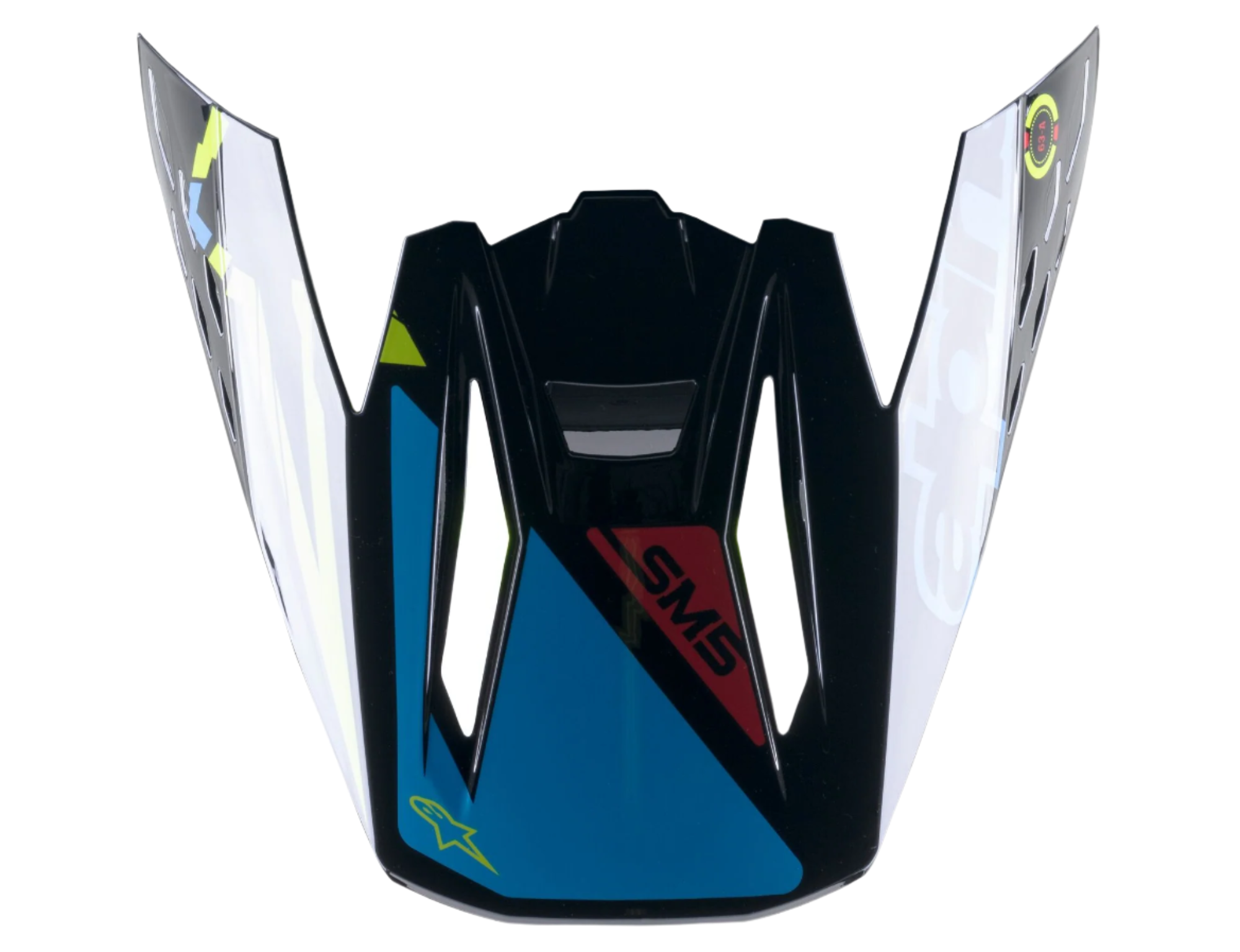 Alpinestars S-M5 Action Visor, Motocross Helmet Replacement Part, Black Cyan and Yellow Fluo Glossy, featuring SM5 branding and star logo, snap-on peak design for off-road riding