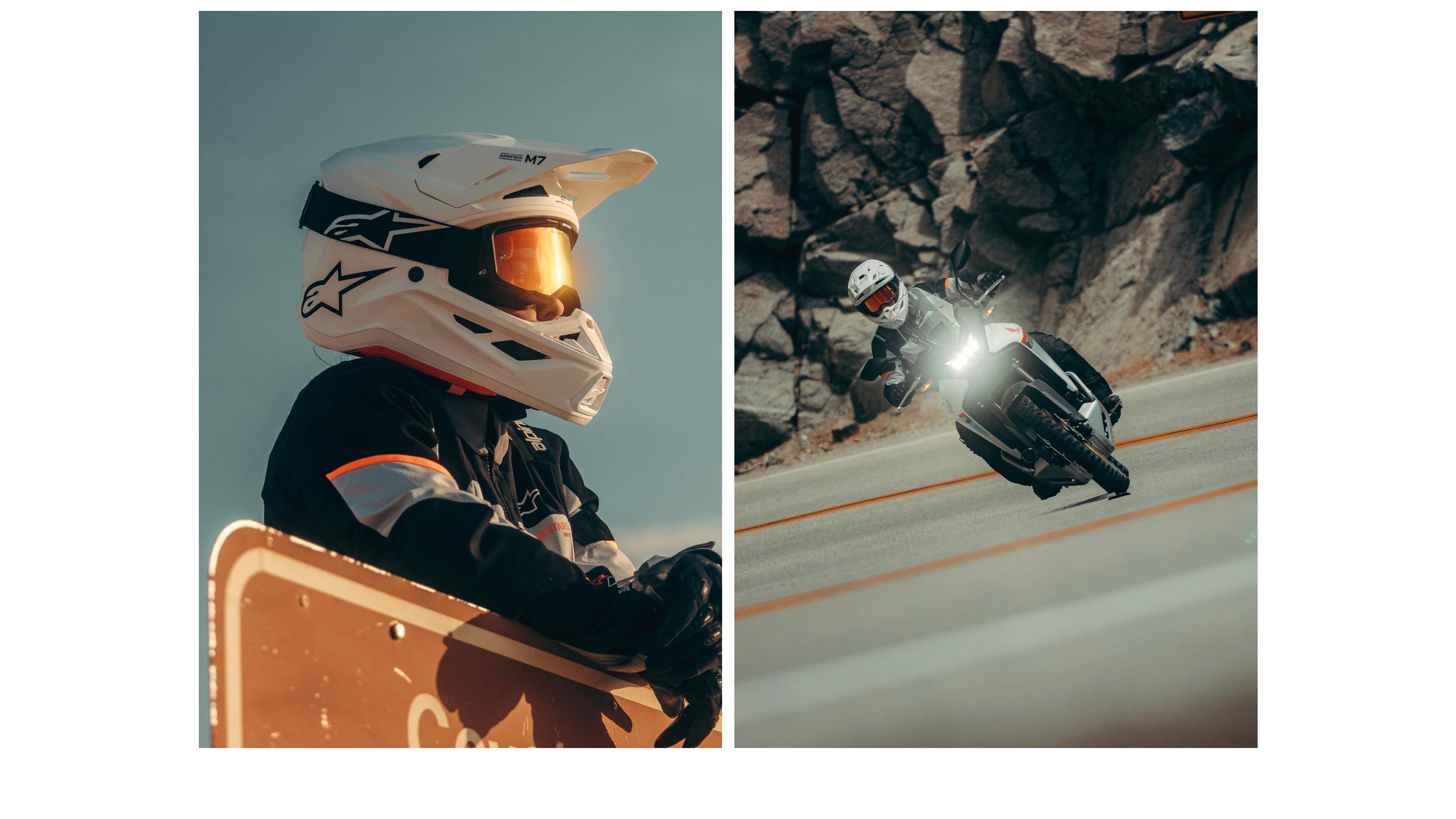 Alpinestars Stella Andes V4 Drystar Jacket, Women's Adventure Touring, Black and Gray, waterproof, rider on mountain road.