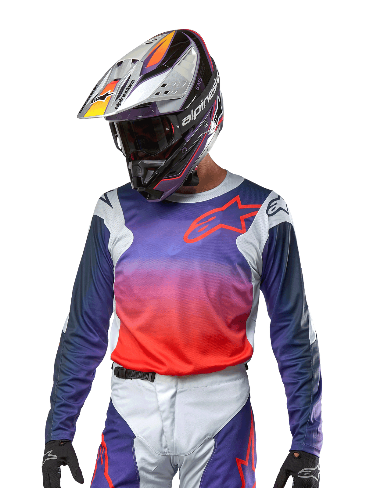 Alpinestars 2024 Racer Hoen Jersey, camisola de motocross, gradiente roxo e laranja vibrante com mangas em azul escuro, painéis nos ombros em cinzento claro, usada com calças e capacete a condizer, equipamento completo para todo-o-terreno