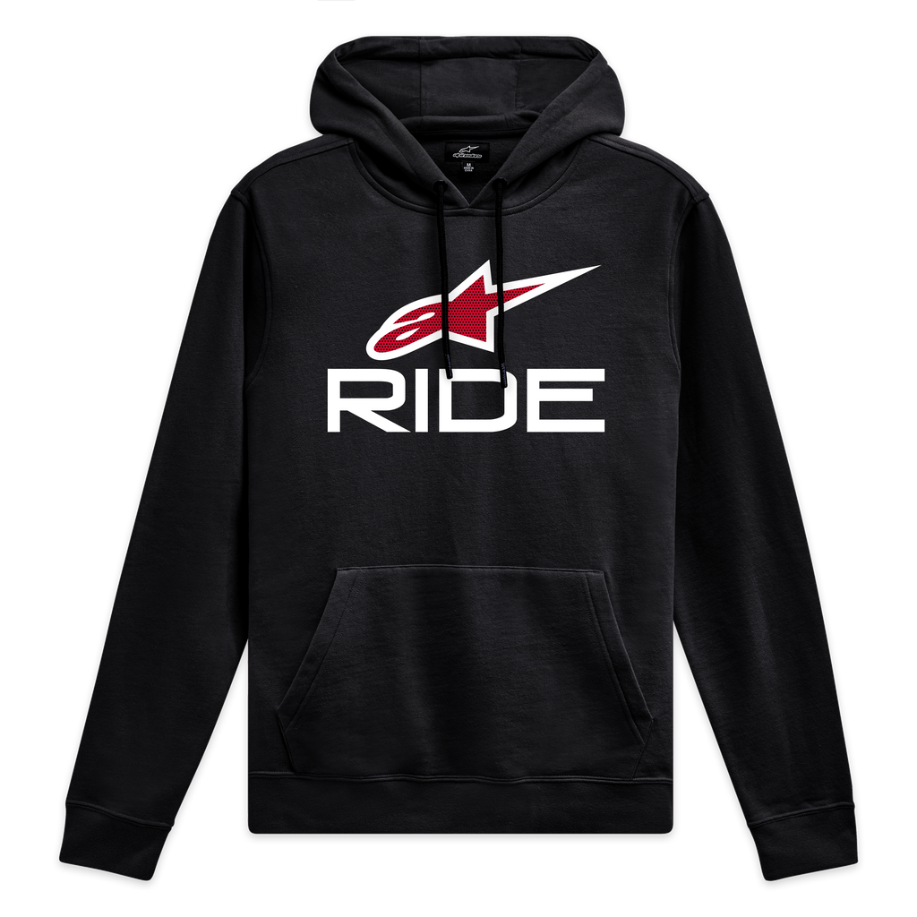 Alpinestars Camisola Com Capuz Ride 4.0, moletom preto sportswear com logótipo frontal em branco e vermelho e capuz forrado