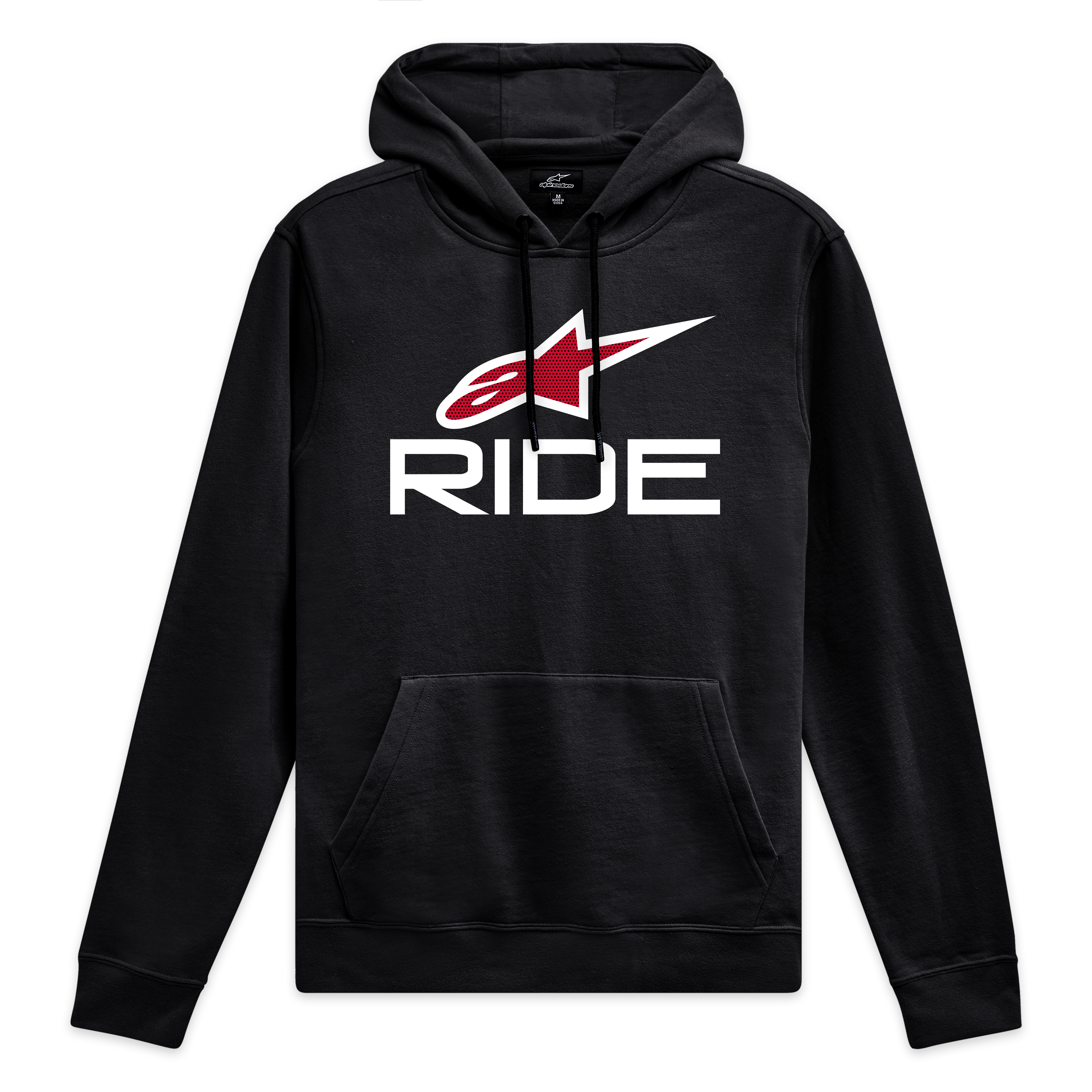 Alpinestars Camisola Com Capuz Ride 4.0, moletom preto sportswear com logótipo frontal em branco e vermelho e capuz forrado