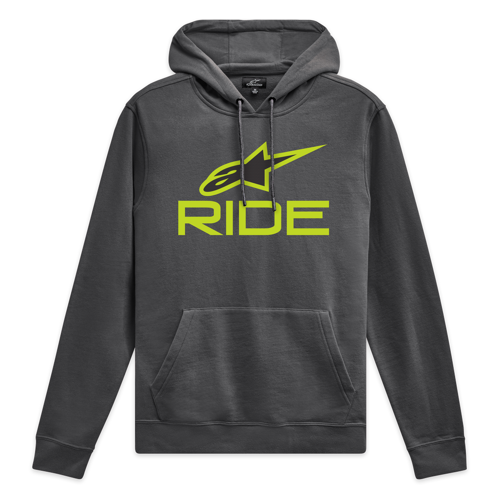 Alpinestars Sweatshirt Com Capuz Ride V 3, sweatshirt cinzenta escura com logótipo Ride verde limão na frente e cordões a condizer, sportswear fleece