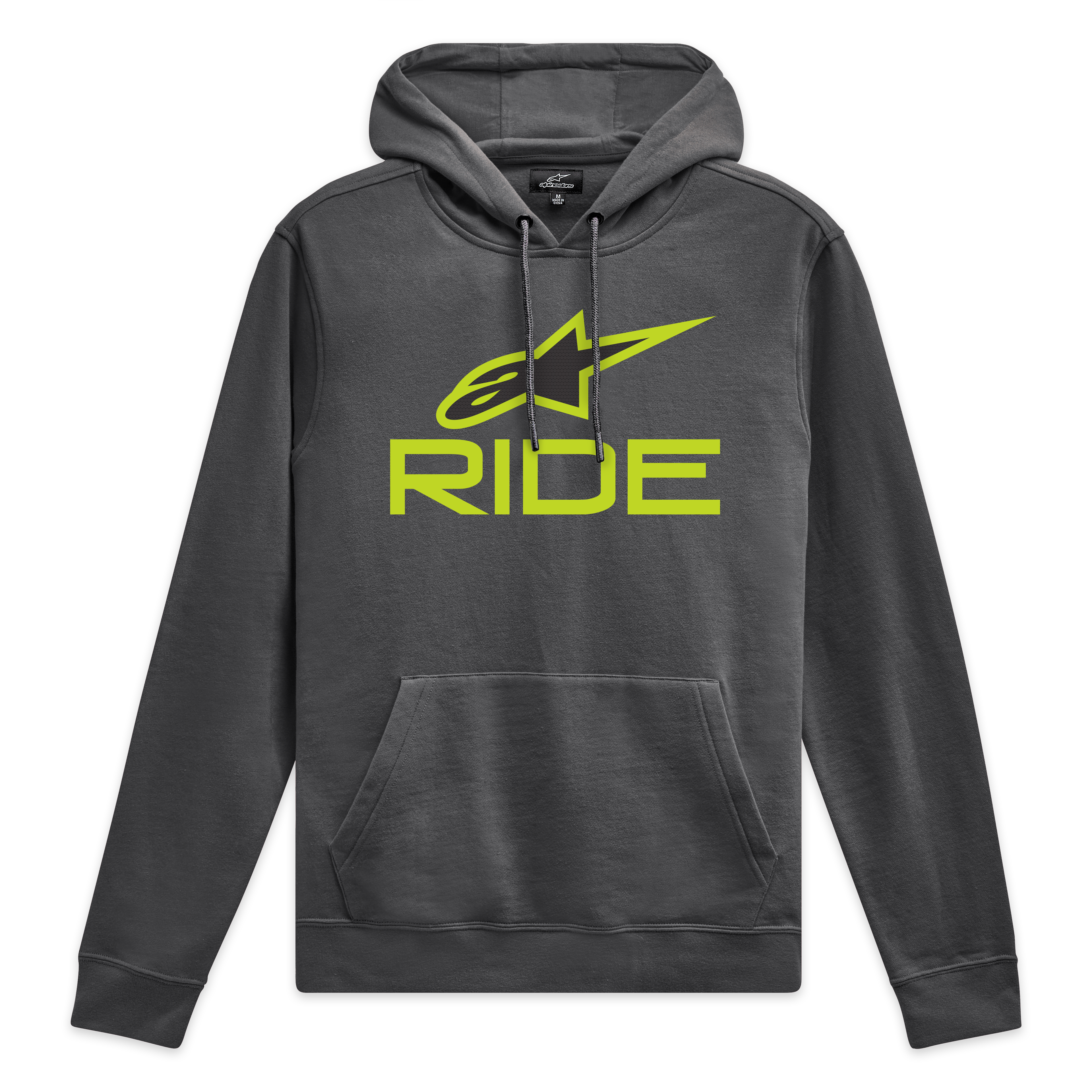 Alpinestars Sweatshirt Com Capuz Ride V 3, sweatshirt cinzenta escura com logótipo Ride verde limão na frente e cordões a condizer, sportswear fleece