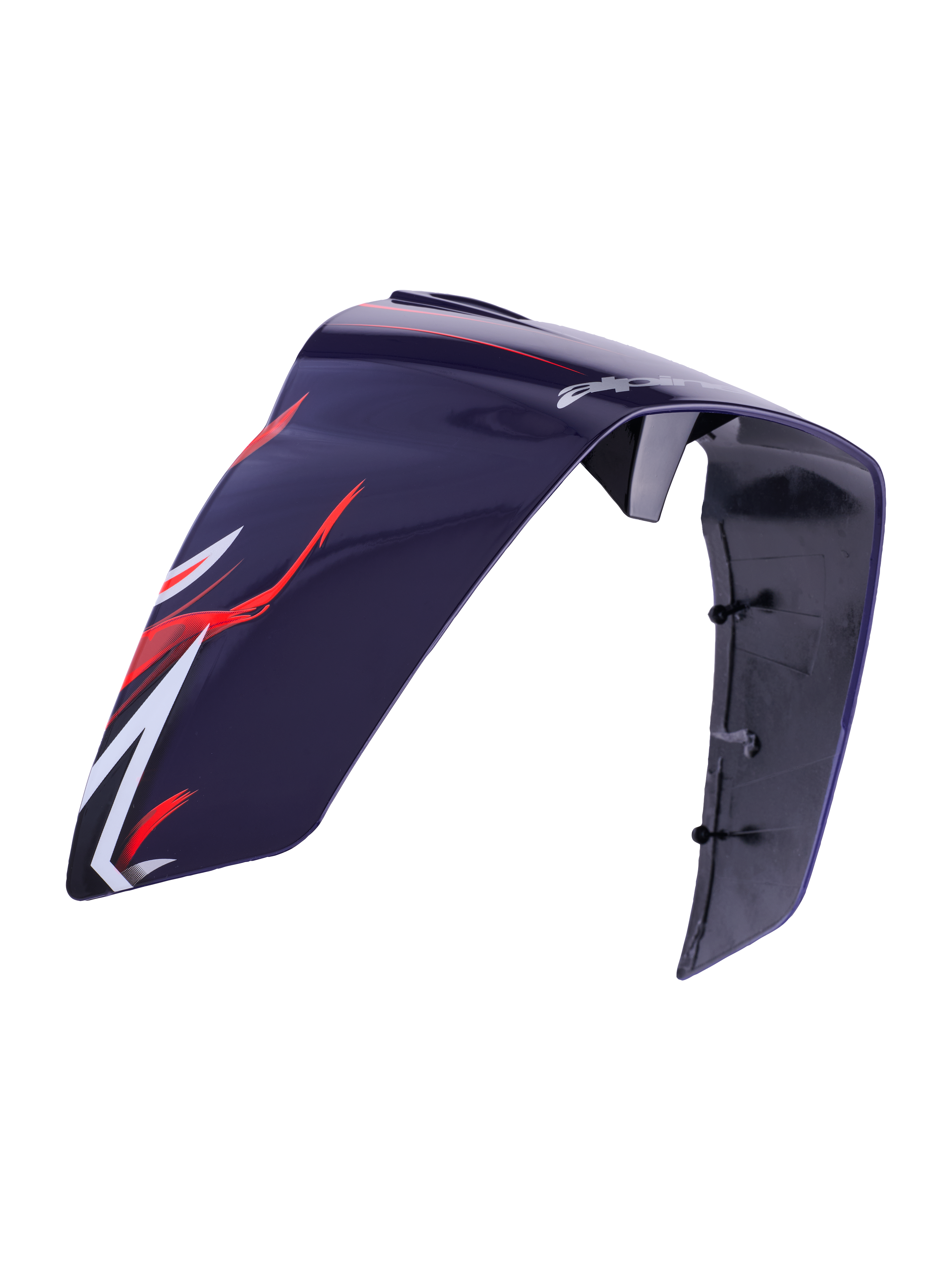 Alpinestars Supertech R10 Flyte Race Spoiler, acessório para capacete, roxo avermelhado brilhante, com gráficos aerodinâmicos vermelhos e brancos e logótipo Alpinestars, construção em plástico brilhante com pontos de montagem visíveis no interior, peça de substituição para capacetes de competição