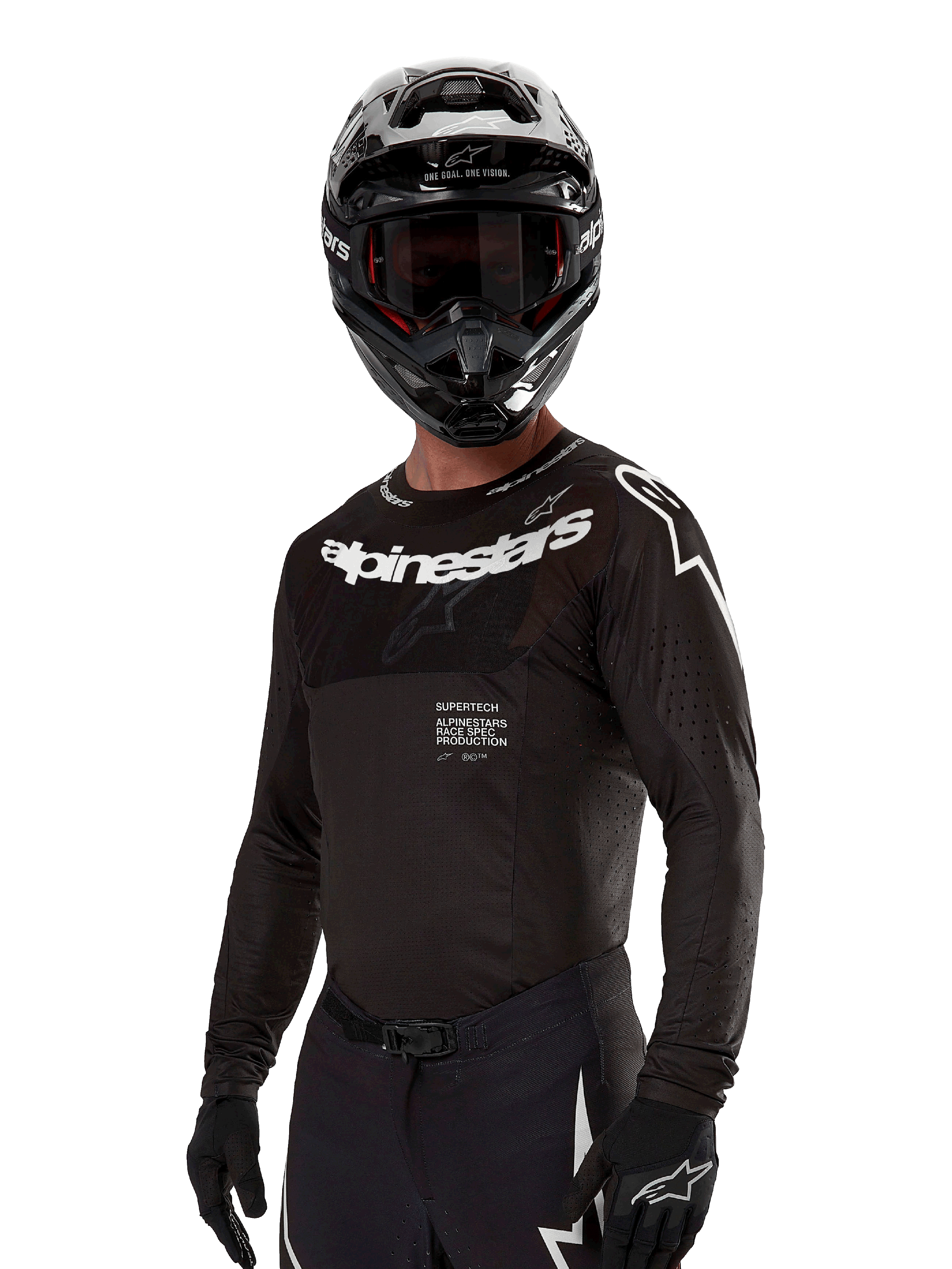 Alpinestars 2024 Supertech Ward Jersey, camisola de motocross, preto e branco, equipamento de alta performance de manga comprida com logótipo Alpinestars proeminente, usada com capacete e luvas a condizer, ajuste atlético para condução todo-o-terreno