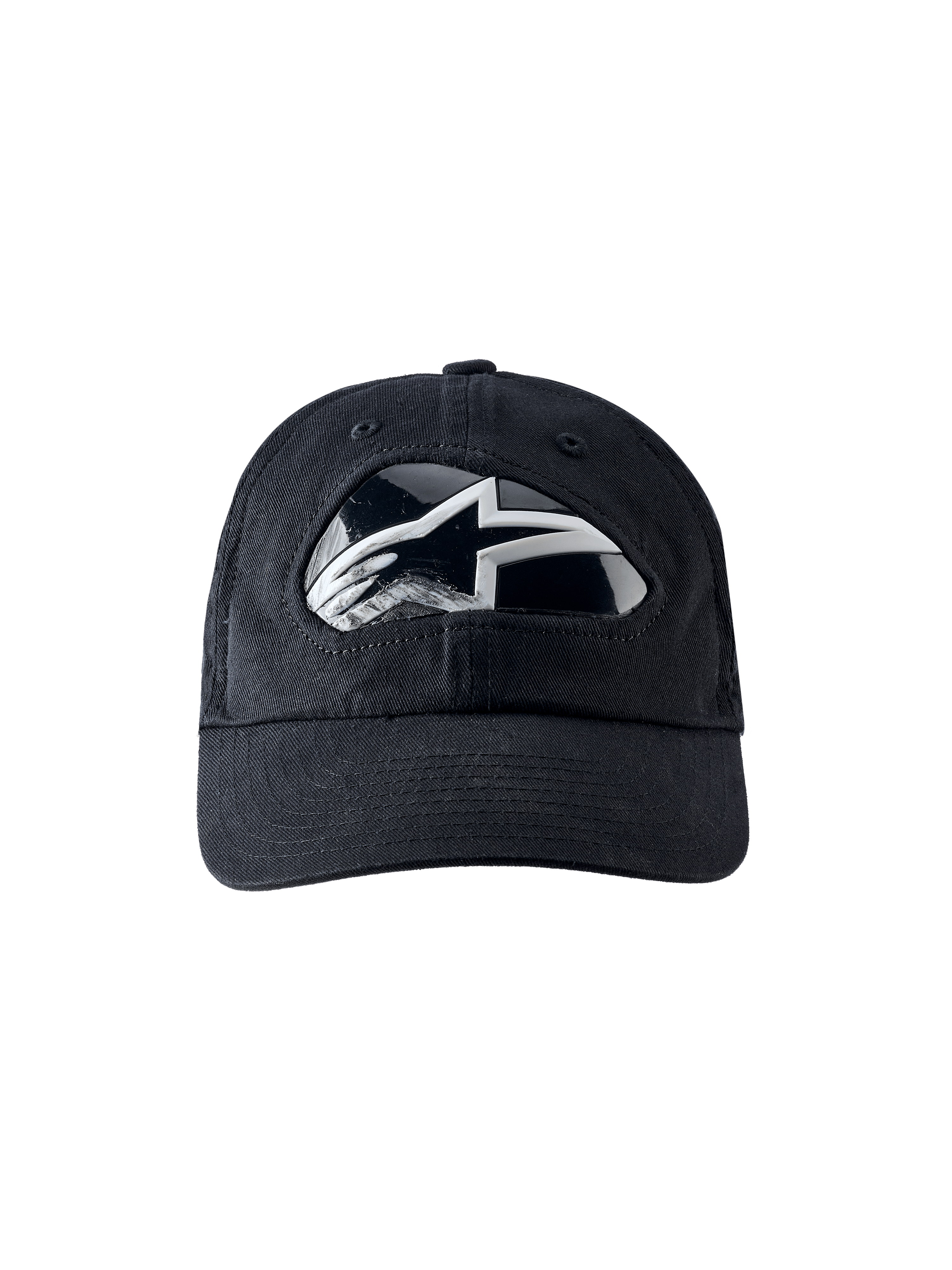 Alpinestars RSRV Shield Cap, boné de basebol preto com logótipo prateado e branco refletor, design angular, pala curva, costuras visíveis