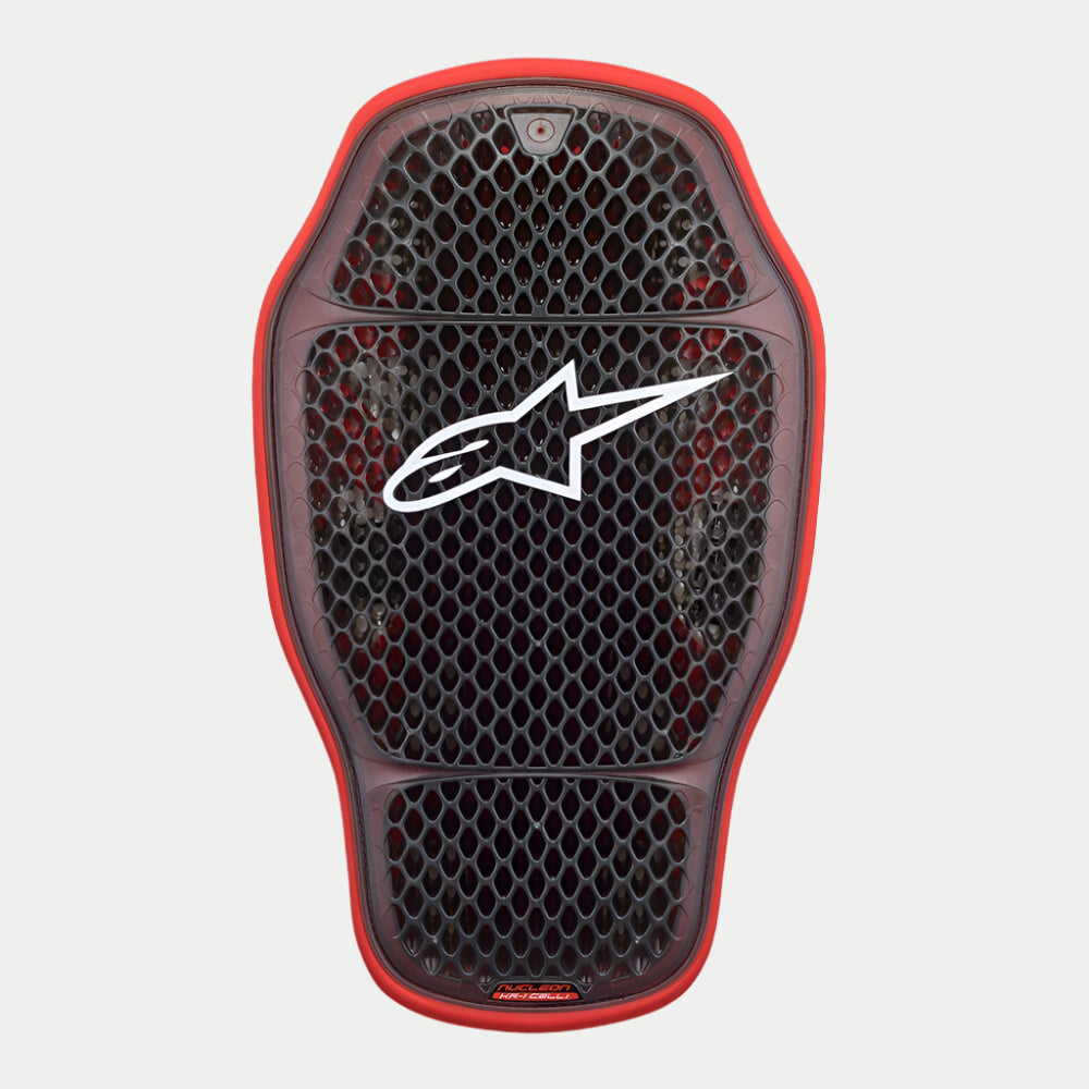 Alpinestars Nucleon KR-1 Cell i Back Protector, inserto de protetor de costas, Vermelho Smoke Transparente, com um design de célula de microestrutura em favo de mel, logótipo Alpinestars branco no centro e rebordo exterior flexível vermelho para proteção contra impactos em motociclismo