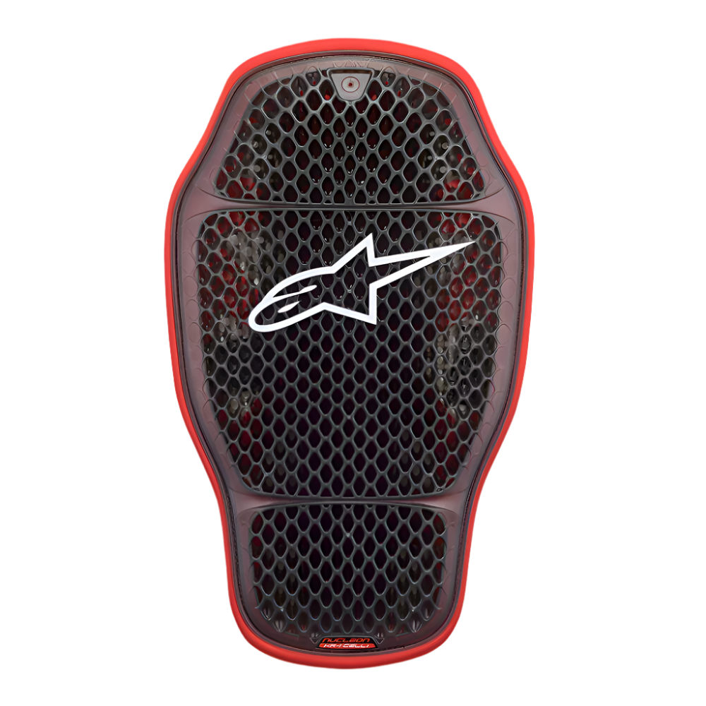 Alpinestars Nucleon KR-1 Cell i Back Protector, Transparent Smoke Red, estrutura celular em favo de mel preta com contorno exterior vermelho, logótipo Alpinestars branco, forma ergonómica curva para proteção de costas ventilada para motociclismo