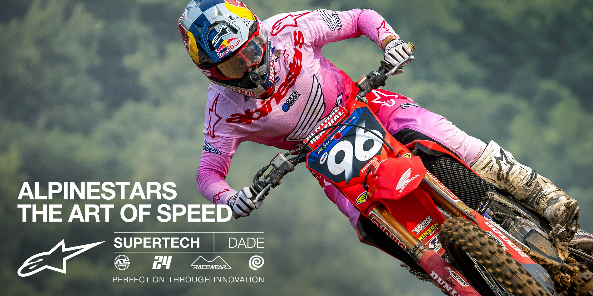 Alpinestars 2024 Supertech Dade Jersey and Pants, Red Berry Lilac motocross gear, professional rider on a dirt bike.