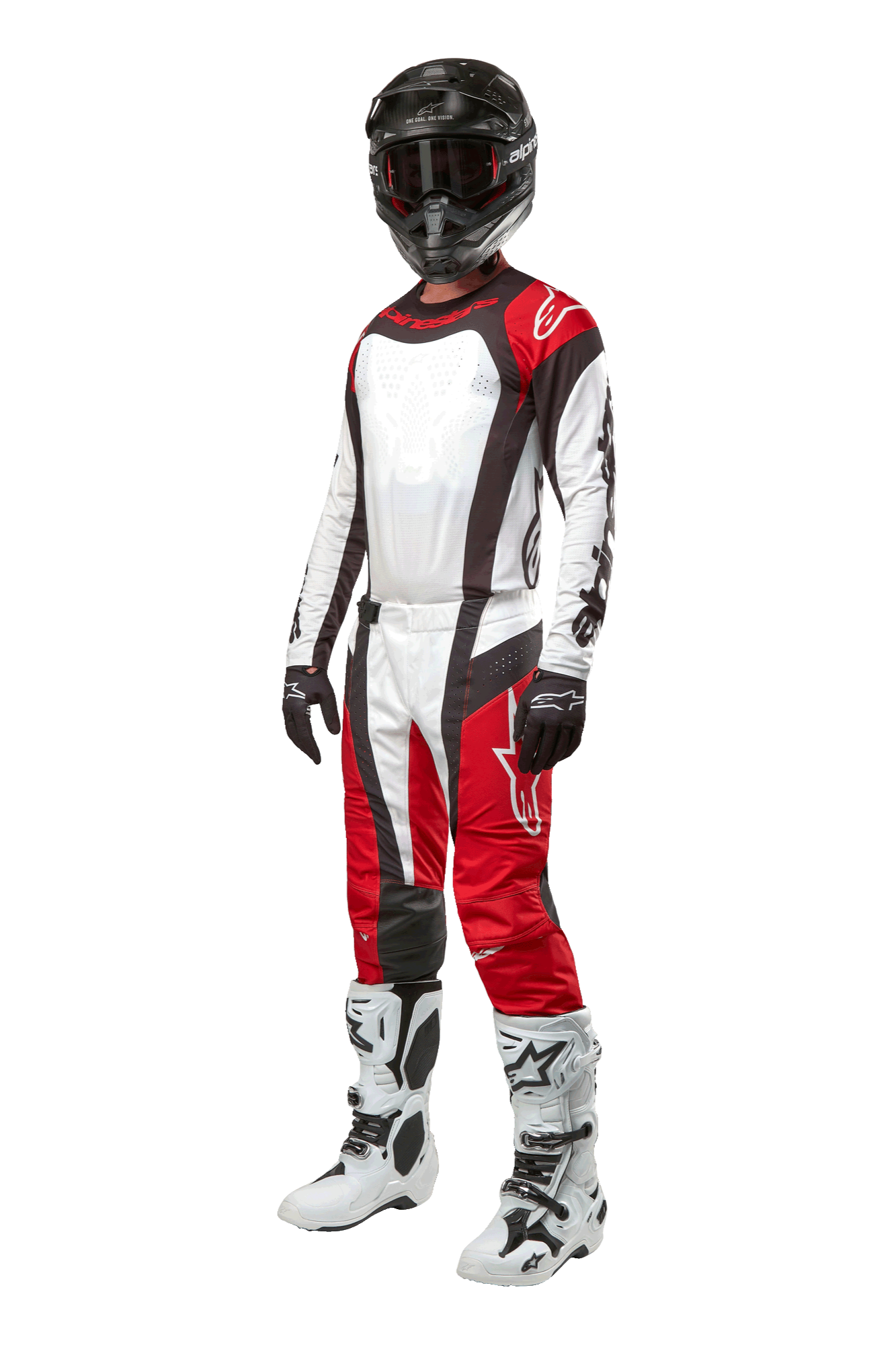 Piloto de motocross com equipamento completo Alpinestars, Calças Techstar Ocuri 2024 em Mars Red White Black, camisola a condizer, capacete preto com óculos, luvas pretas e brancas e botas de motocross brancas, conjunto profissional de corrida todo-o-terreno