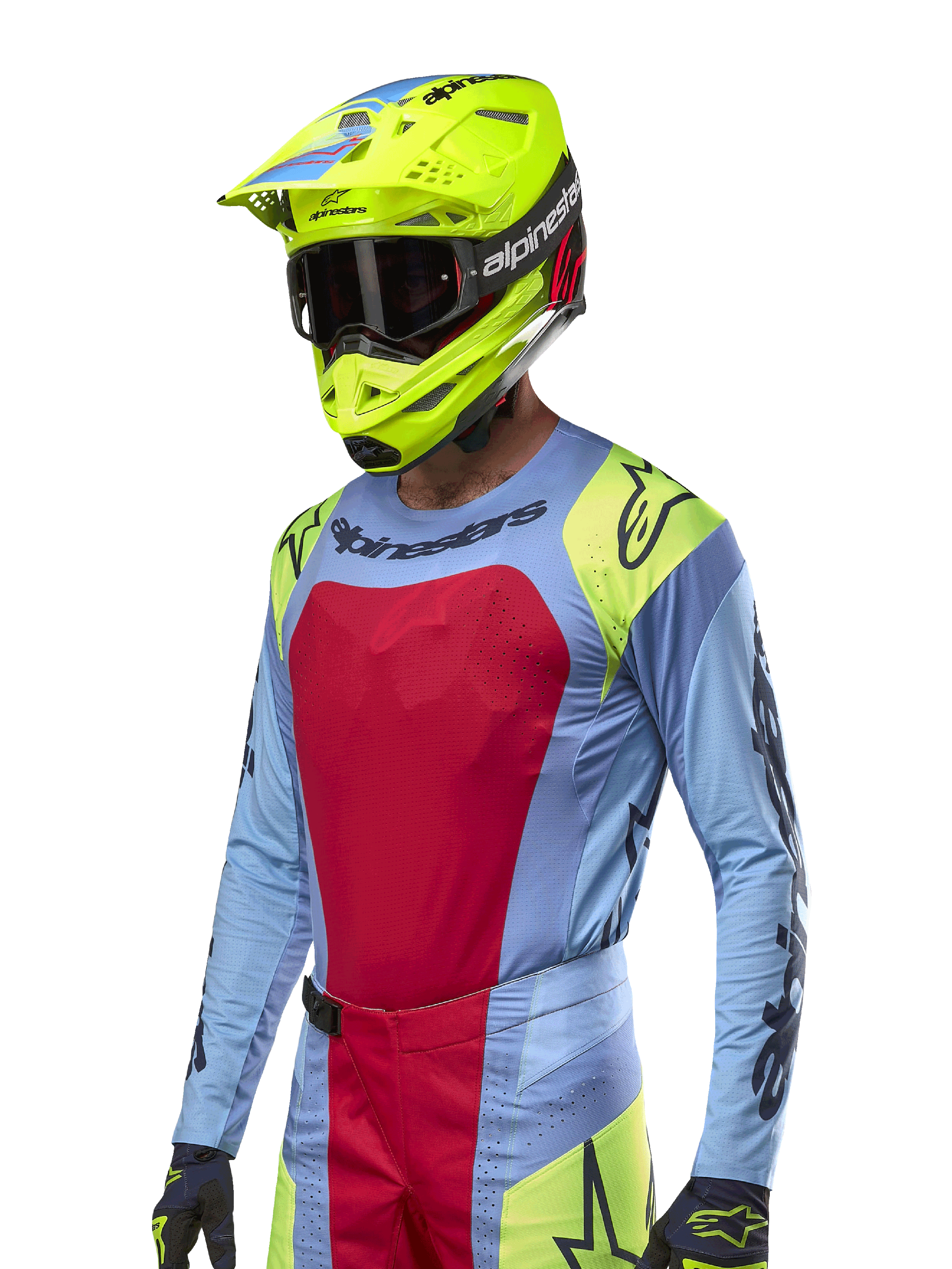 2024 Techstar Ocuri Jersey, Motocross Racing Jersey, Light Blue with Red and Fluo Yellow accents, worn with matching neon yellow helmet and black goggles, featuring black Alpinestars logos on chest and shoulders, athletic race-inspired design for off-road performance