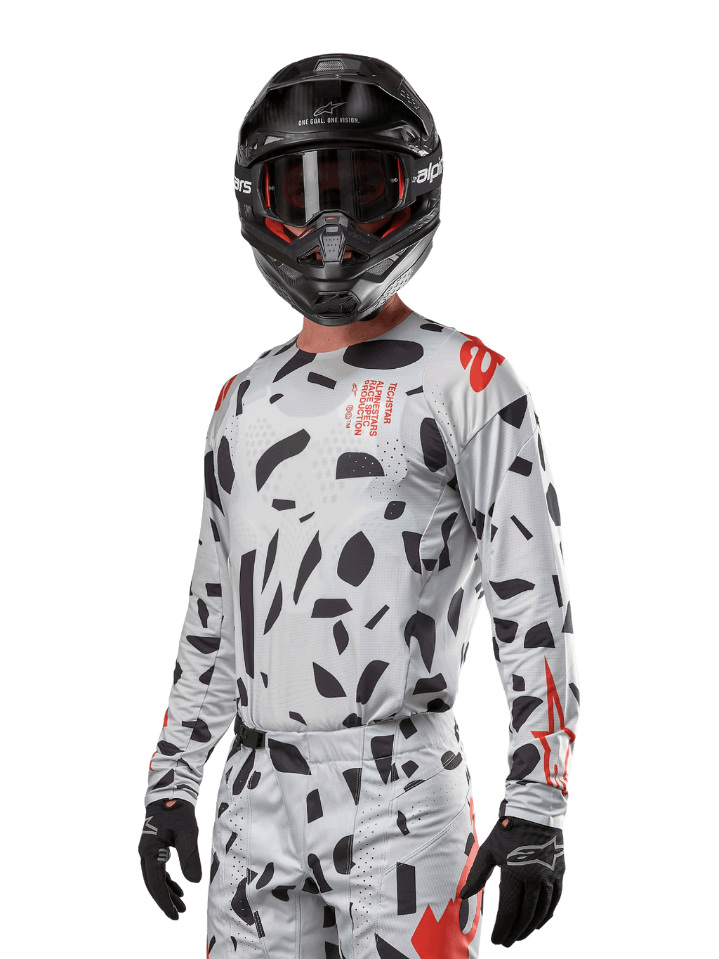 Camisola Alpinestars Techstar Rantera 2024, camisola de motocross, cinzento Haze Gray Camo com padrões abstratos pretos e detalhes vermelhos, design de manga comprida usado com capacete e luvas pretas a condizer, equipamento técnico de corrida todo-o-terreno