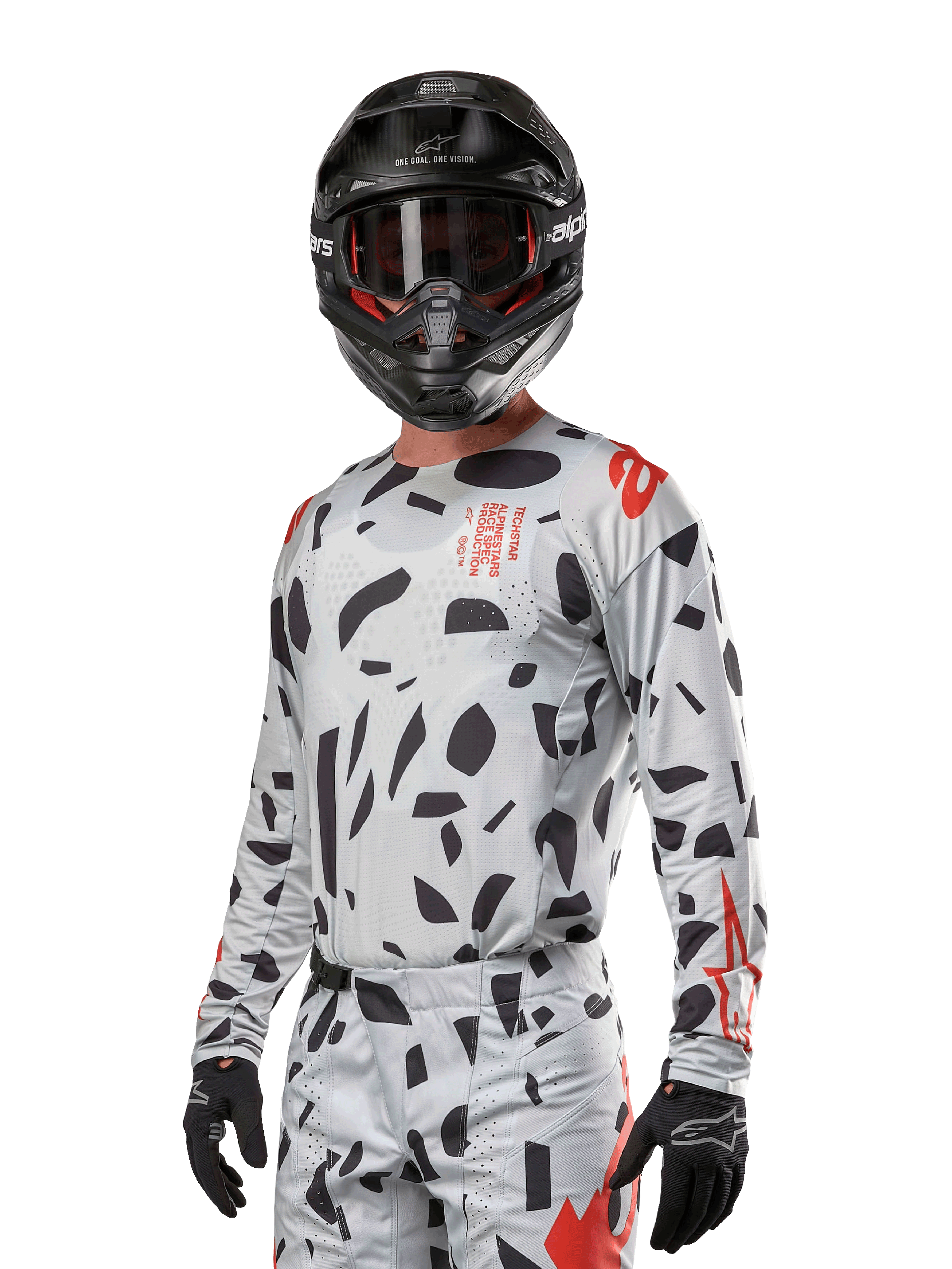 Camisola Alpinestars Techstar Rantera 2024, camisola de motocross, cinzento Haze Gray Camo com padrões abstratos pretos e detalhes vermelhos, design de manga comprida usado com capacete e luvas pretas a condizer, equipamento técnico de corrida todo-o-terreno