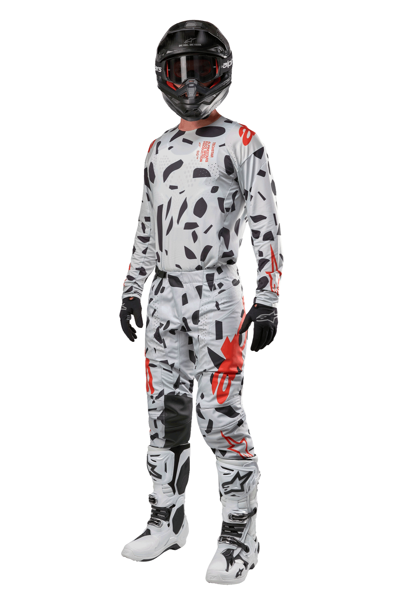 Alpinestars 2024 Techstar Rantera Pants, calças de motocross, camuflado cinzento Haze Gray, usadas com camisola a condizer, capacete preto e botas brancas e pretas, com padrões abstratos pretos e detalhes vermelhos, equipamento completo de corrida todo-o-terreno