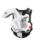 Alpinestars Tech-Air® MX System, autonomous off-road airbag, cutaway view highlighting the internal white inflatable bladder and protective vest, black and white chassis with red accents, providing coverage for shoulders and chest.