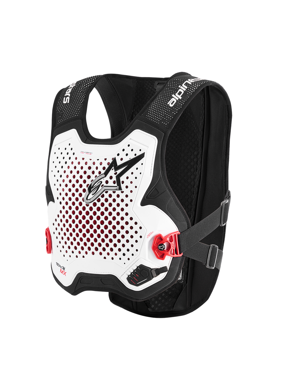 Alpinestars Tech-Air® MX System, colete de airbag autónomo off-road, branco e preto, placa de peito branca perfurada com logótipo preto, fivelas laterais vermelhas, estrutura em malha elástica preta, proteção avançada para motocross e supercross